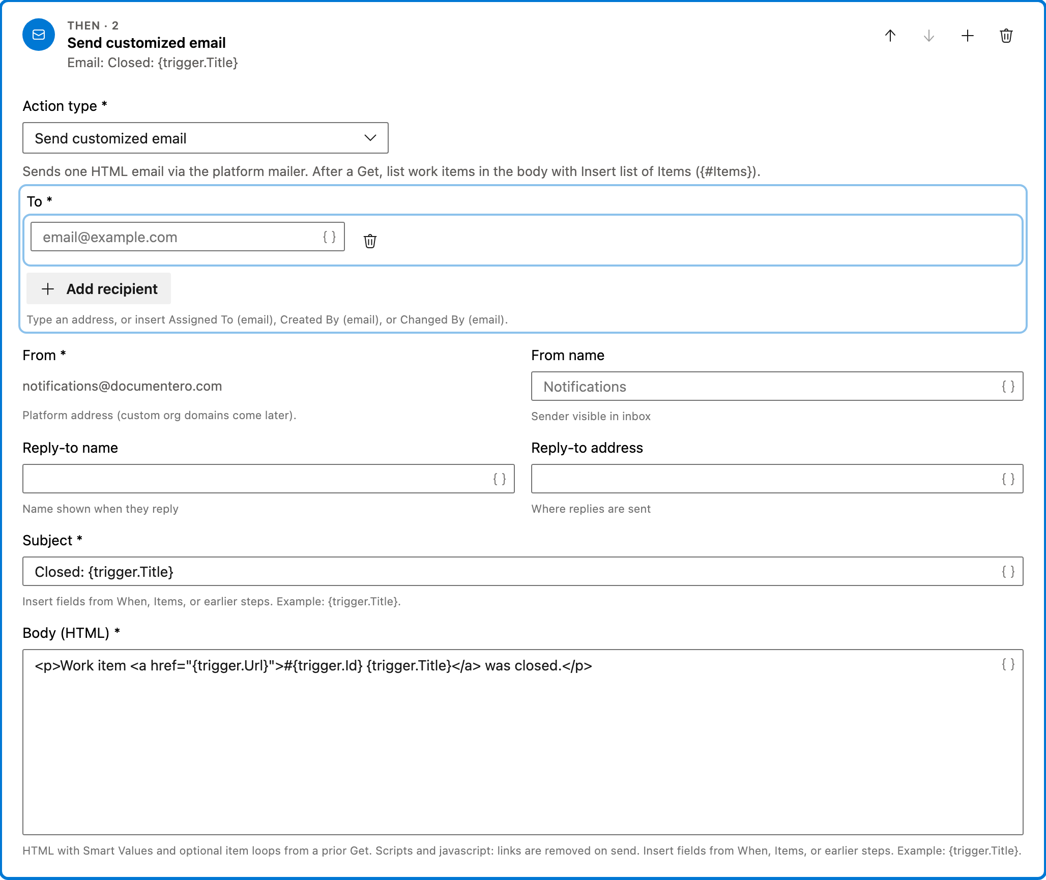Send email when a work item is closed action 1