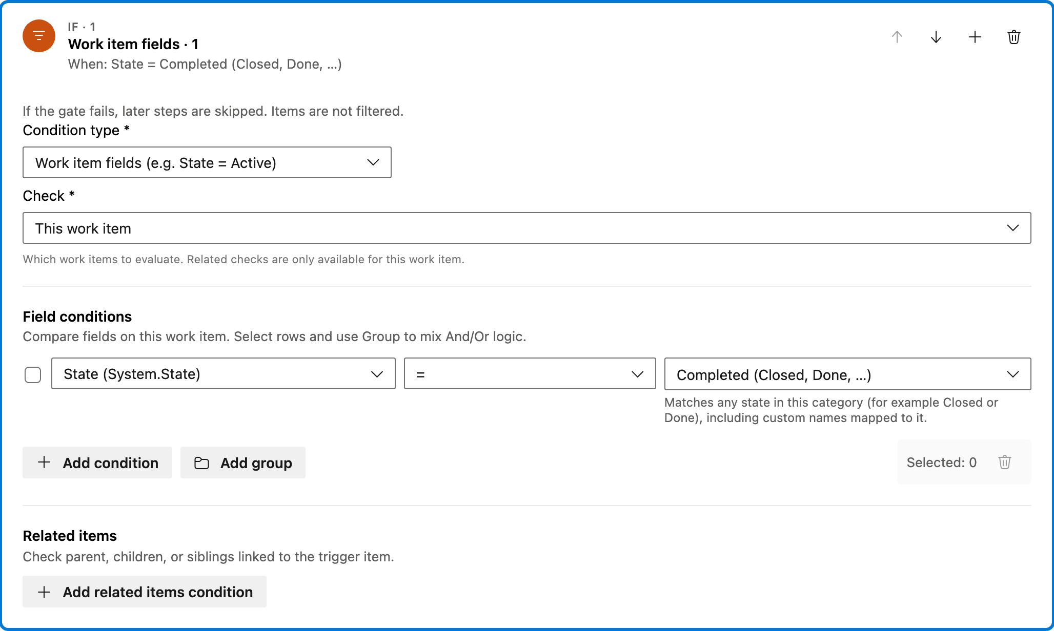 Send email when a work item is closed condition 1