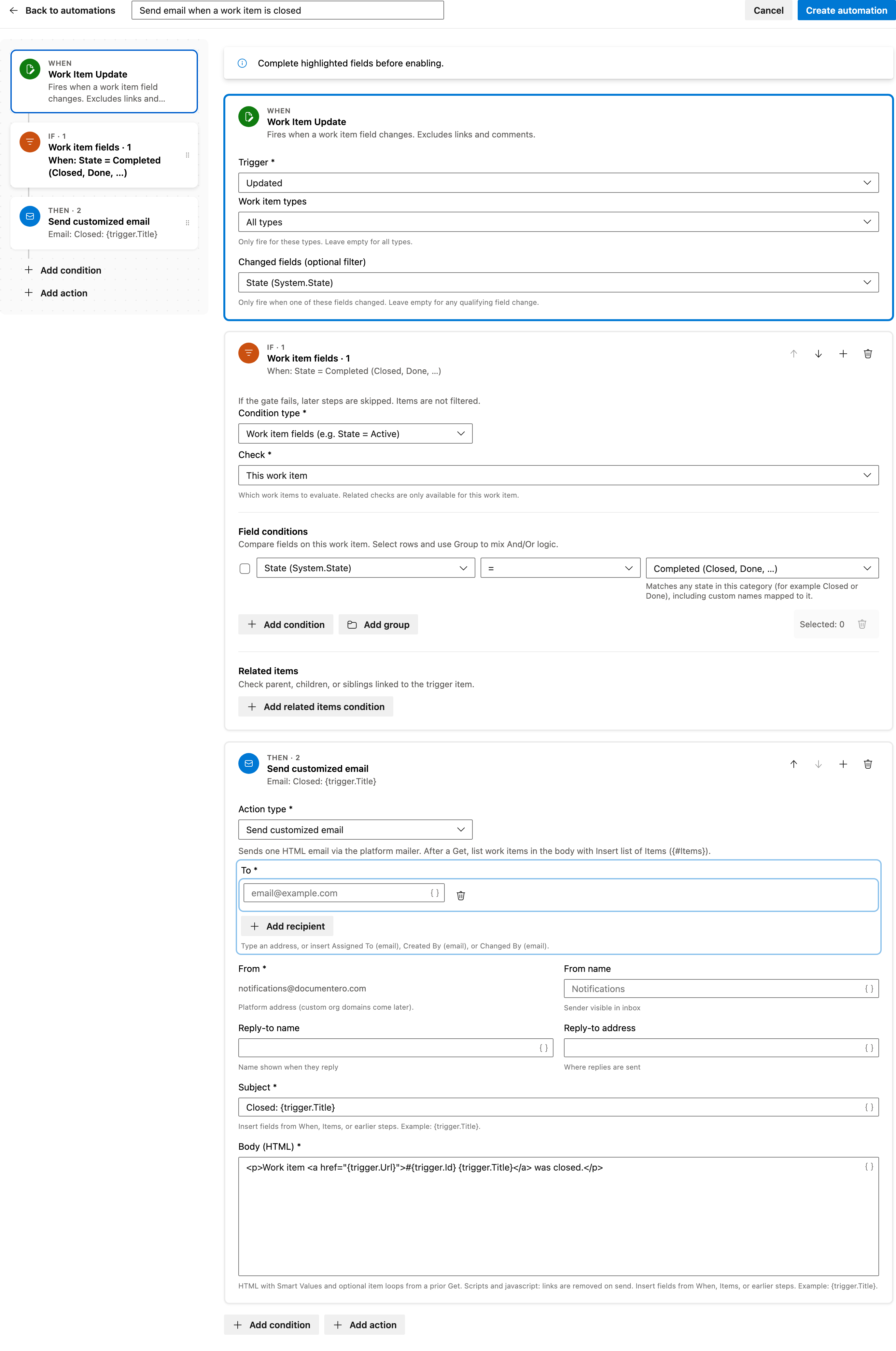 Send email when a work item is closed full automation