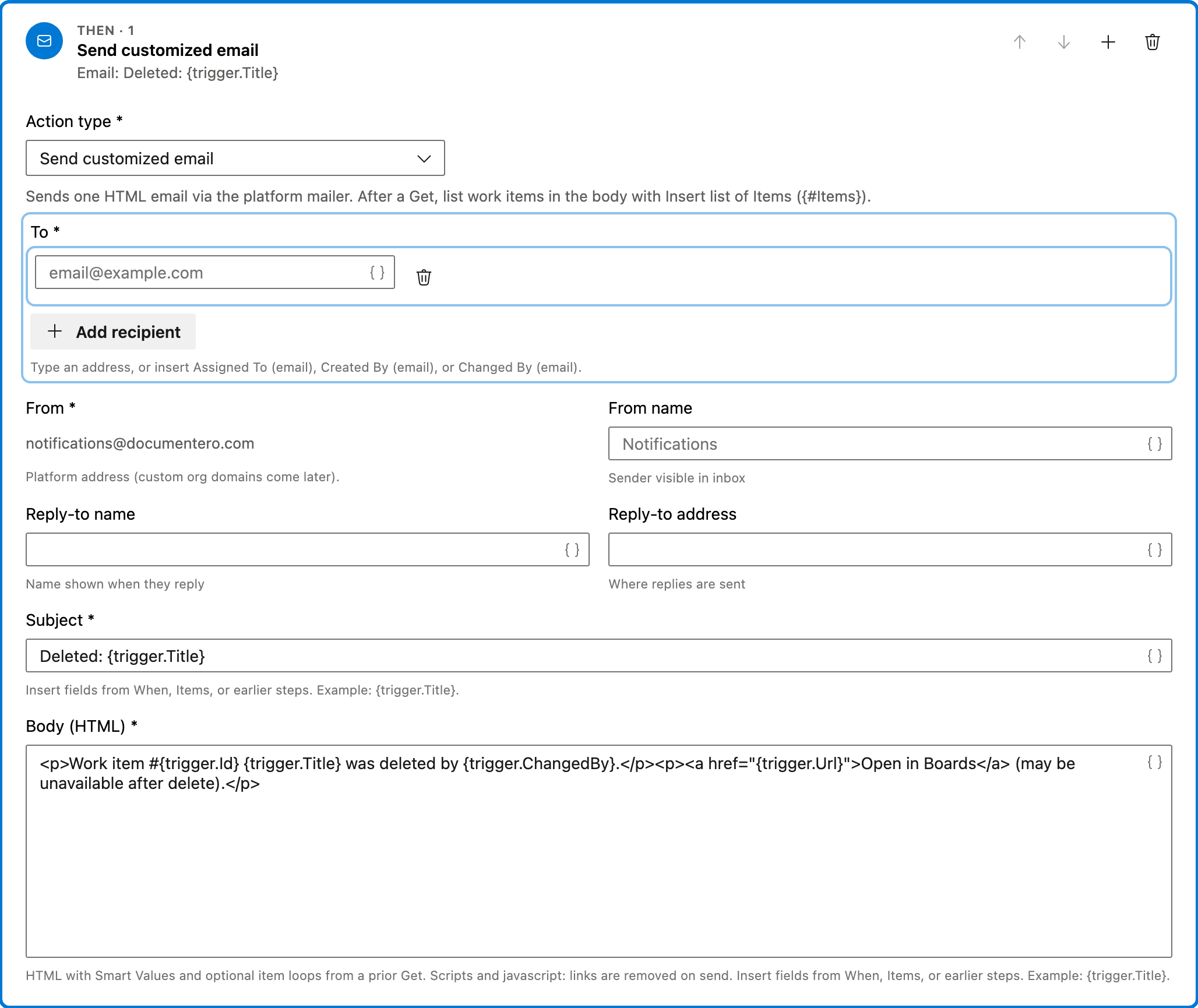 Email when a work item is deleted action 1