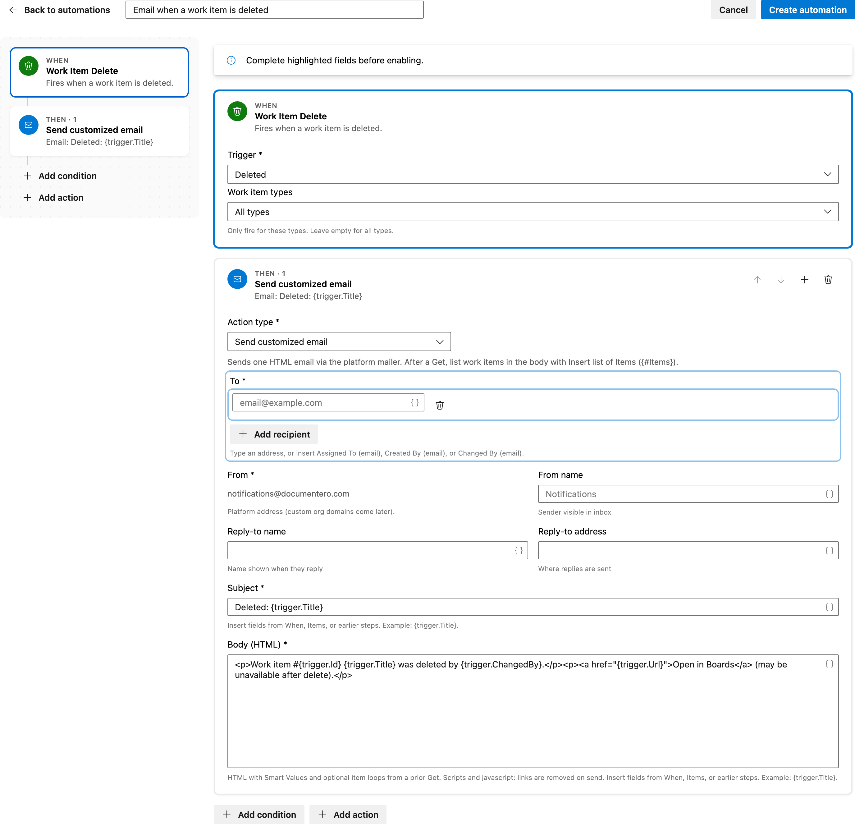 Email when a work item is deleted full automation