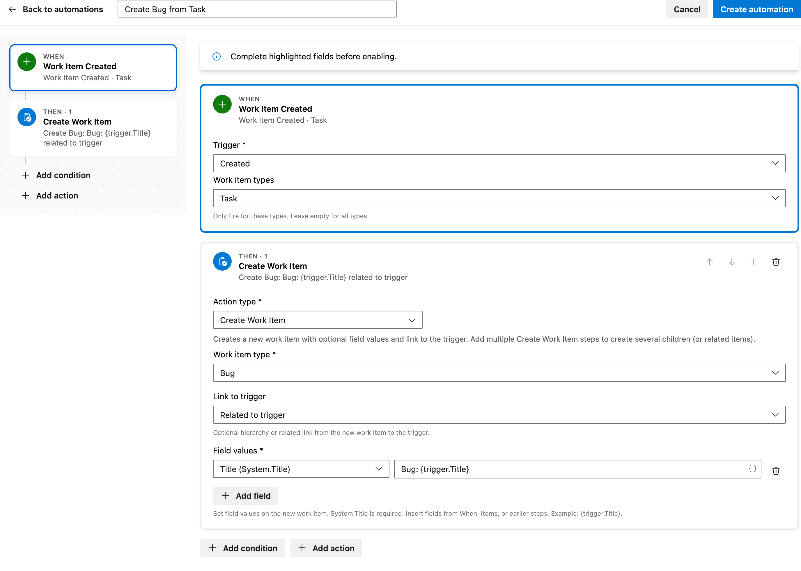 Create Bug from Task full automation