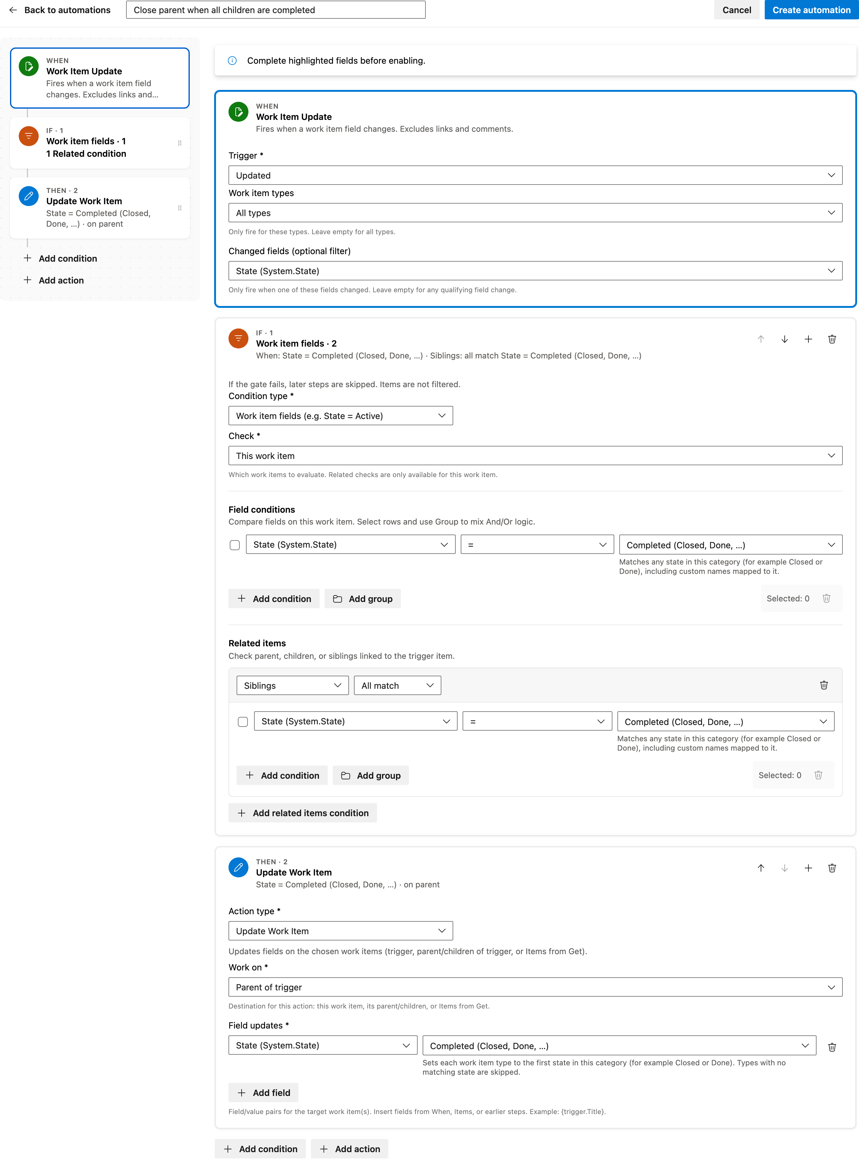 Close parent when all children are completed full automation