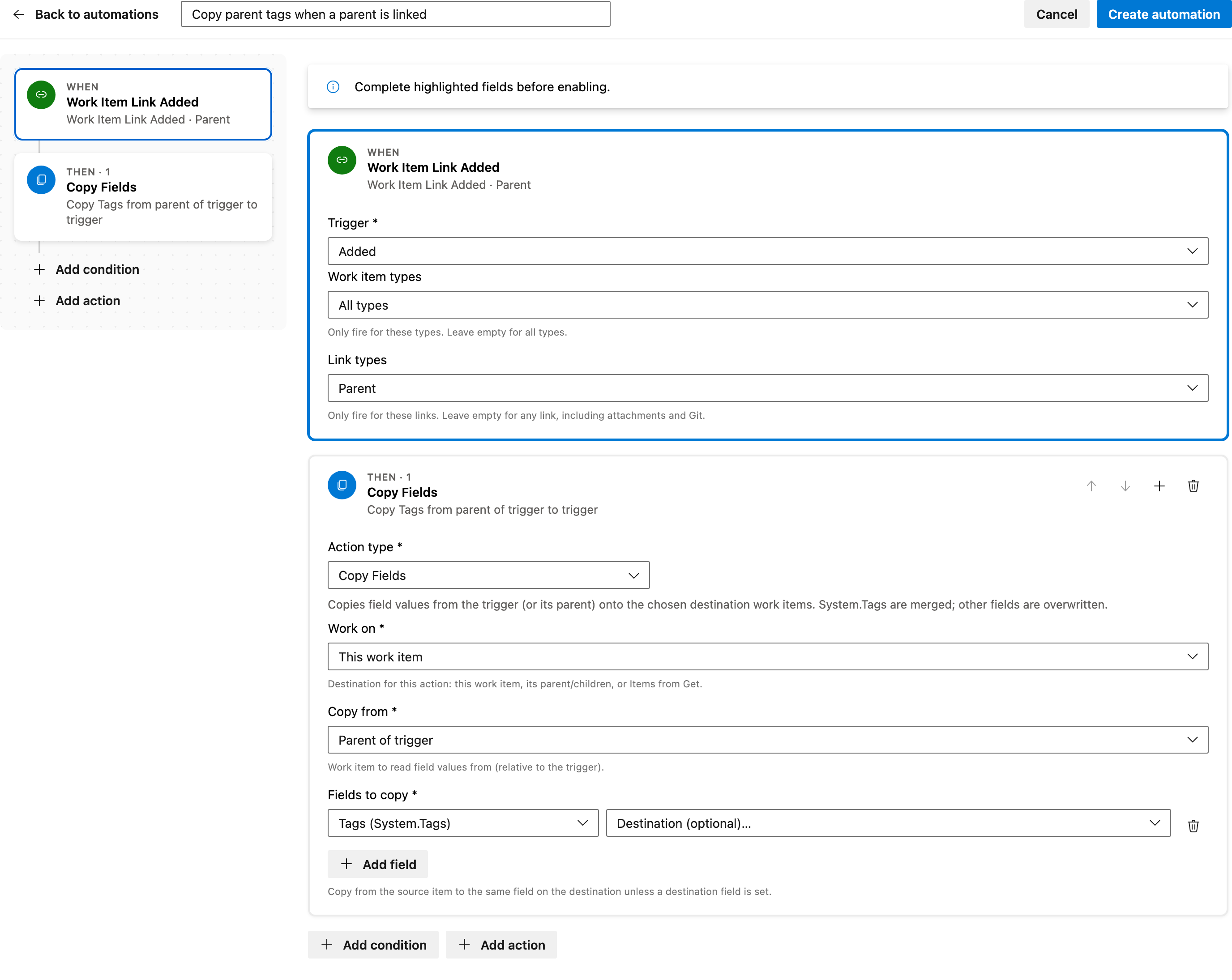 Copy parent tags when a parent is linked full automation
