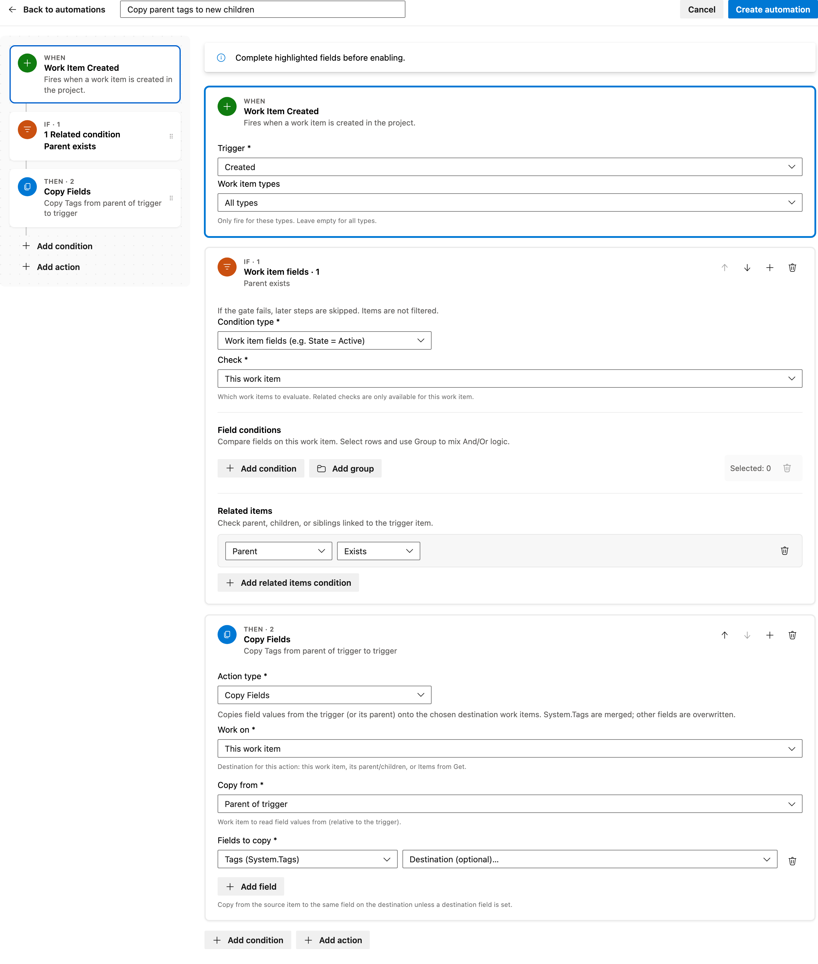 Copy parent tags to new children full automation