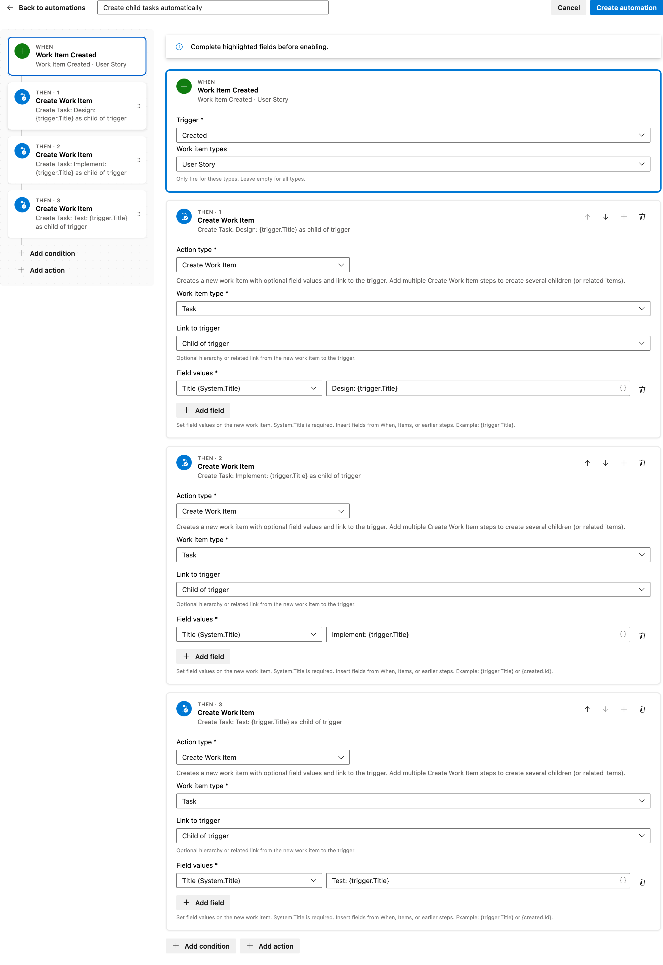 Create child tasks automatically full automation