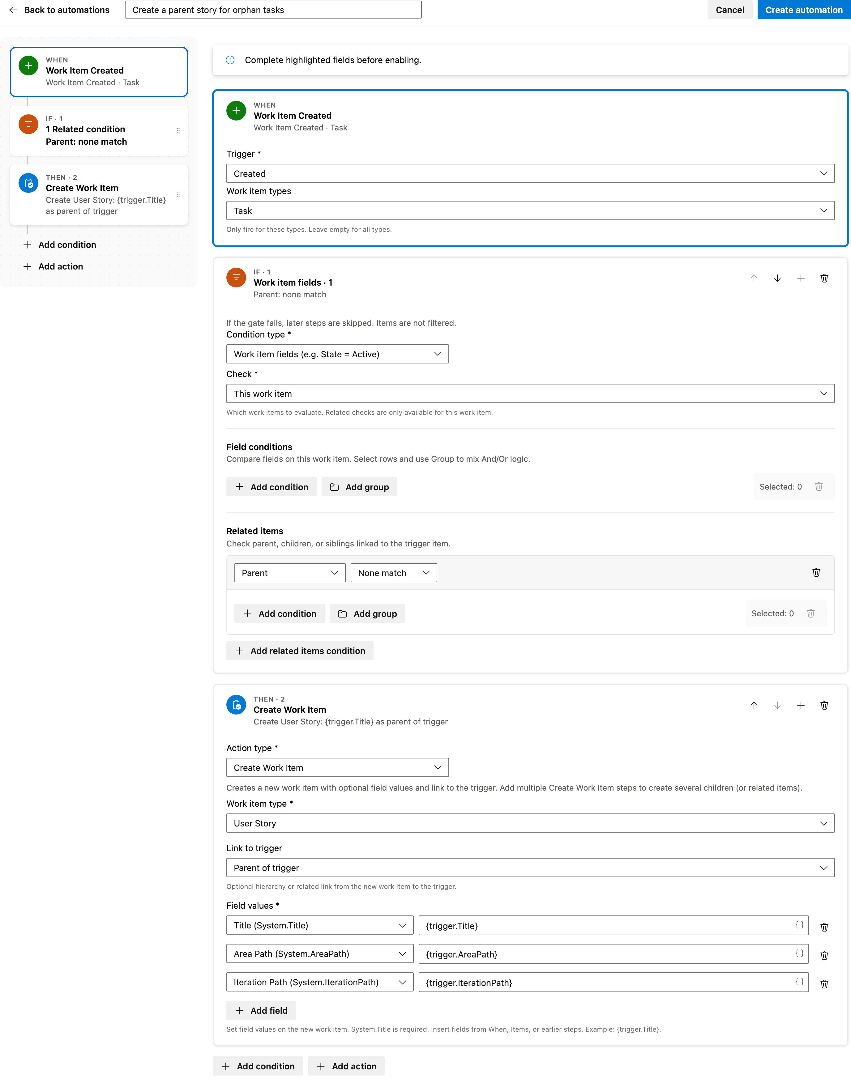 Create a parent story for orphan tasks full automation