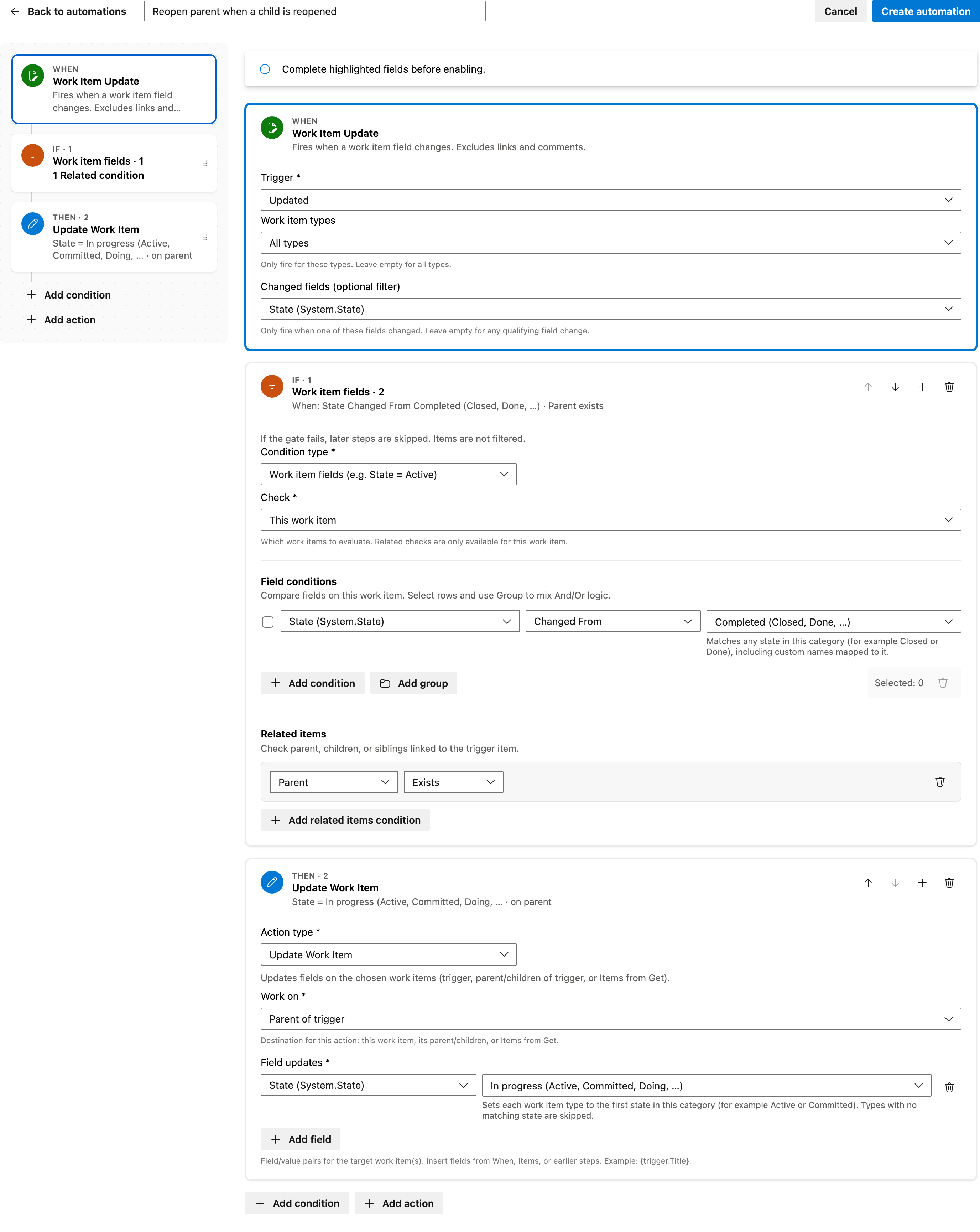 Reopen parent when a child is reopened full automation