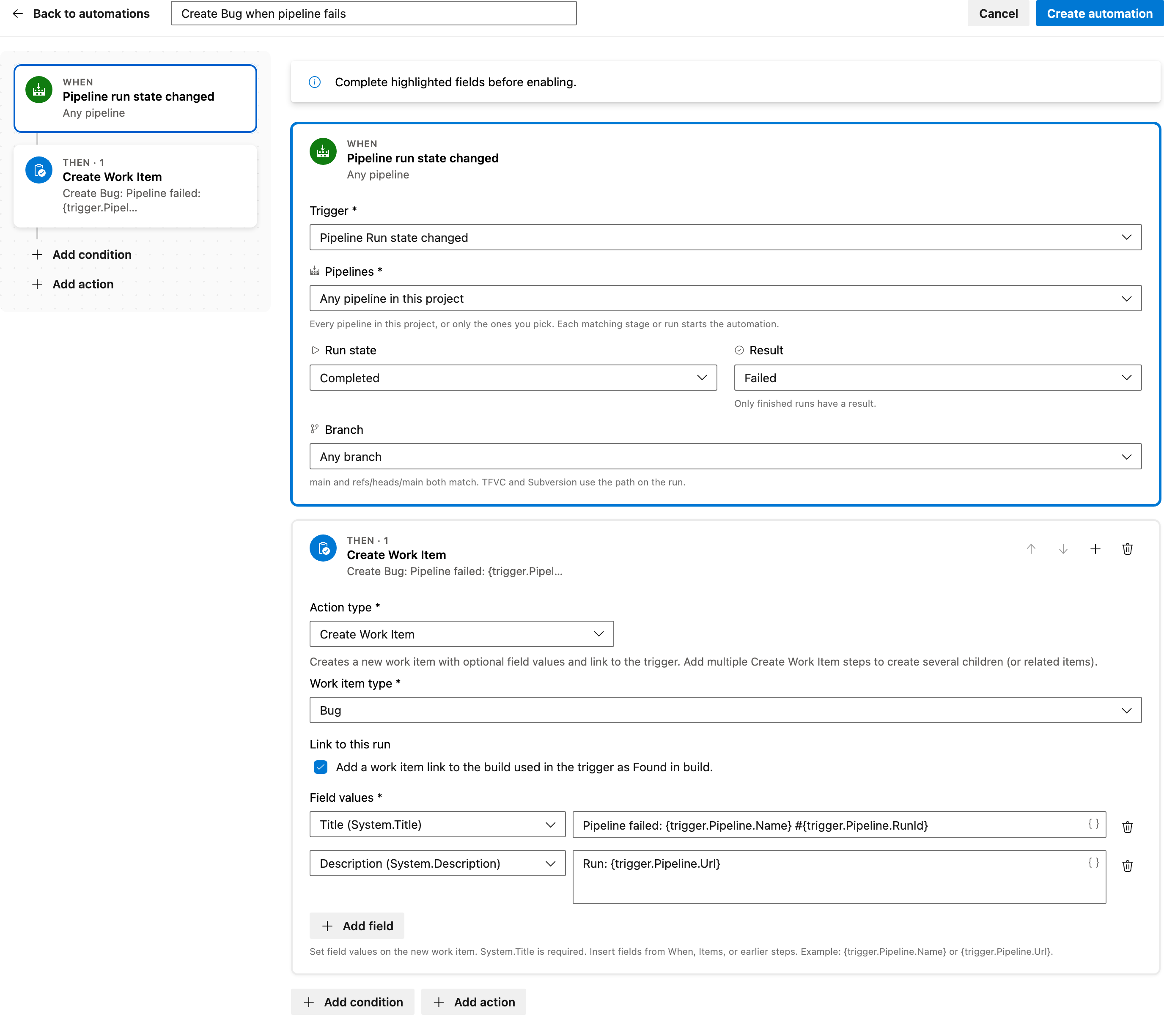 Create Bug when pipeline fails full automation