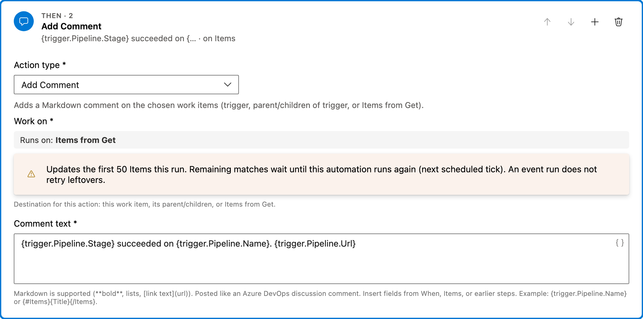 Comment on related items when a stage succeeds action 2