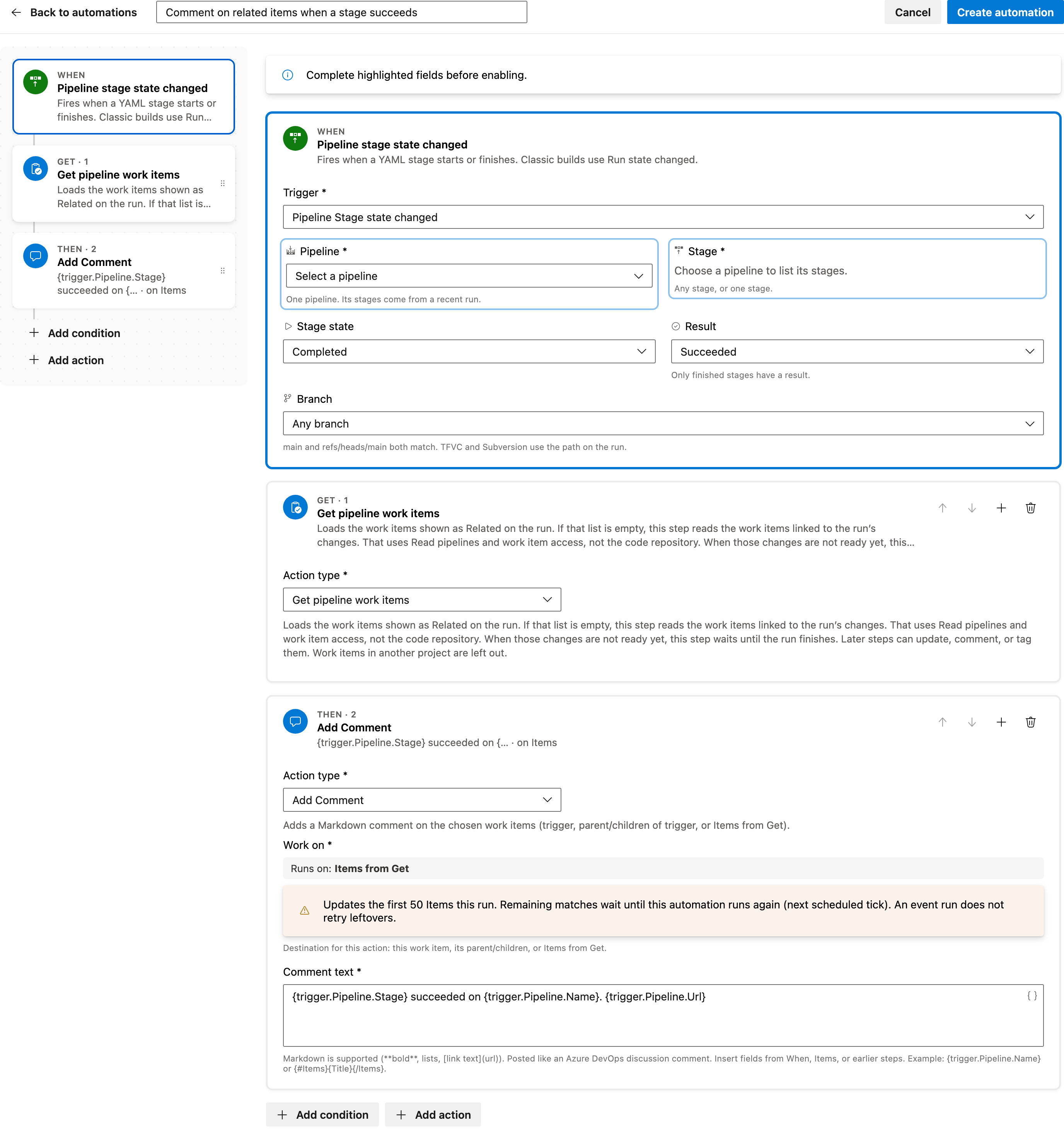 Comment on related items when a stage succeeds full automation