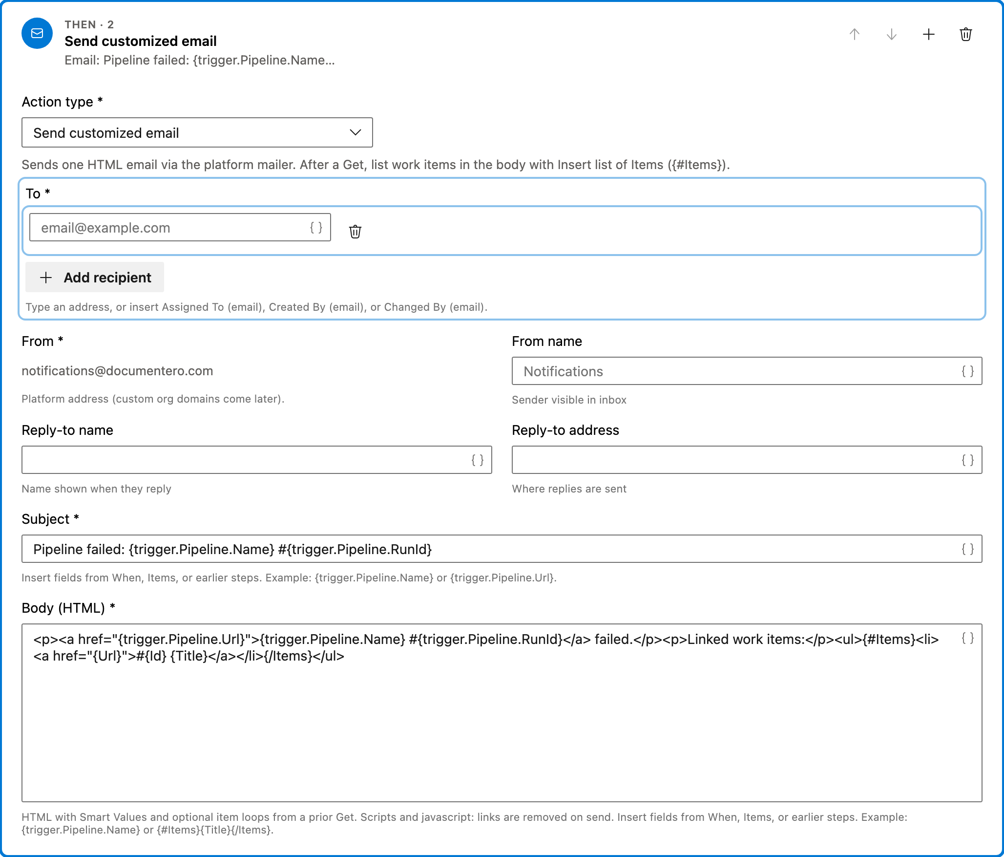 Email related items when a pipeline fails action 2