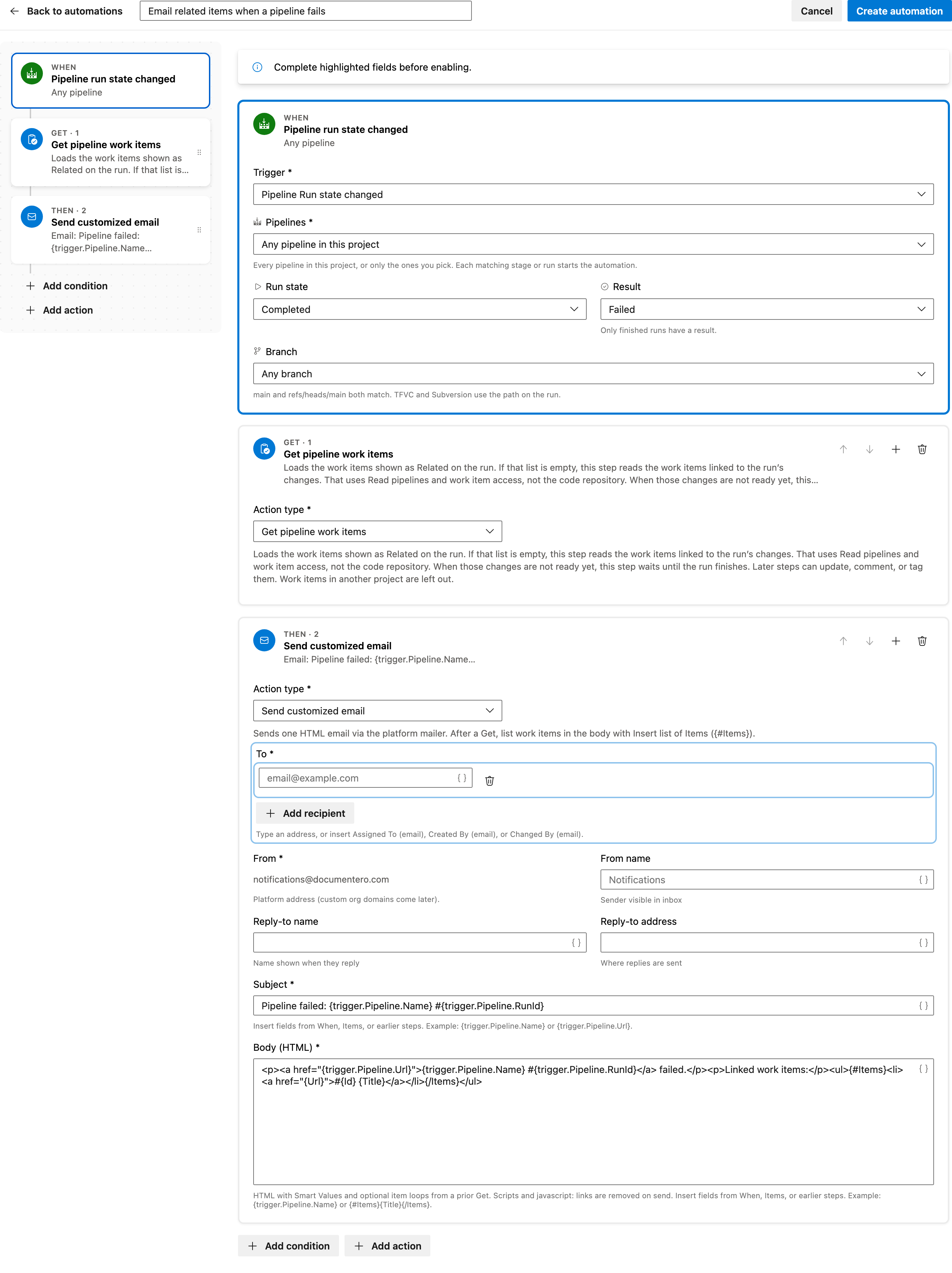 Email related items when a pipeline fails full automation