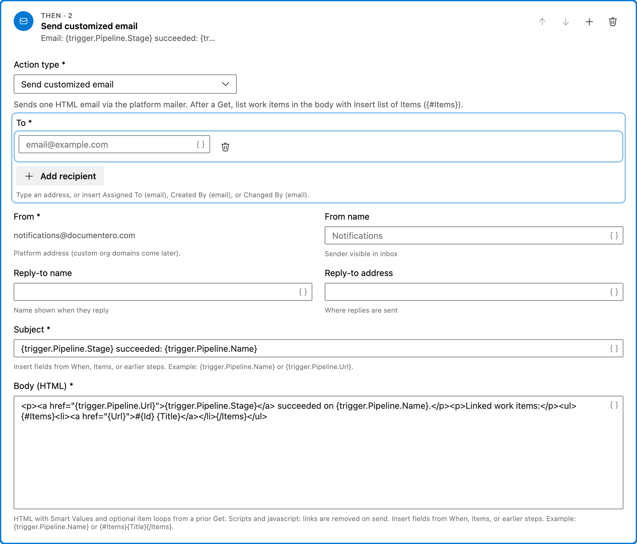 Email related items when a stage succeeds action 2