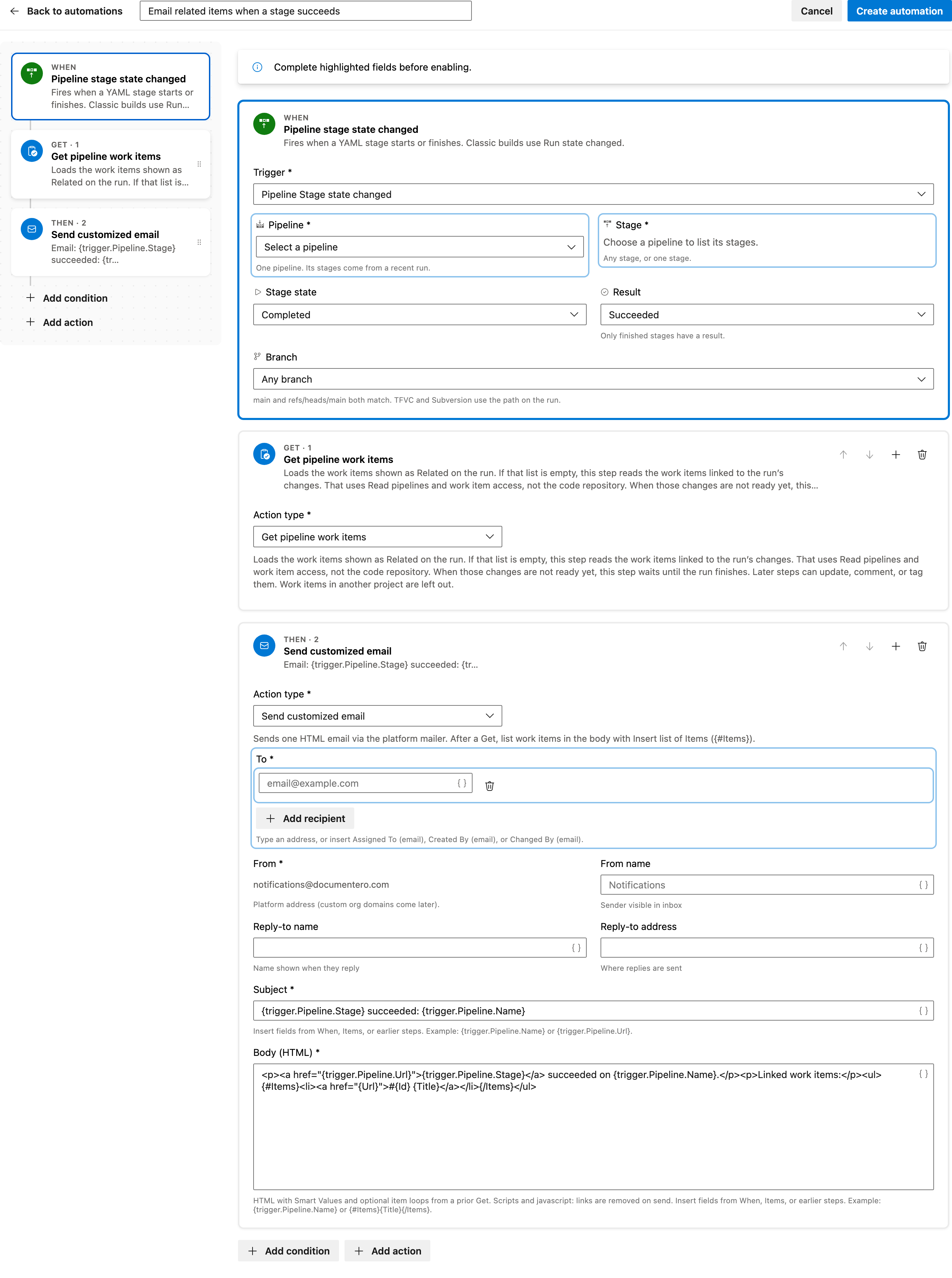 Email related items when a stage succeeds full automation