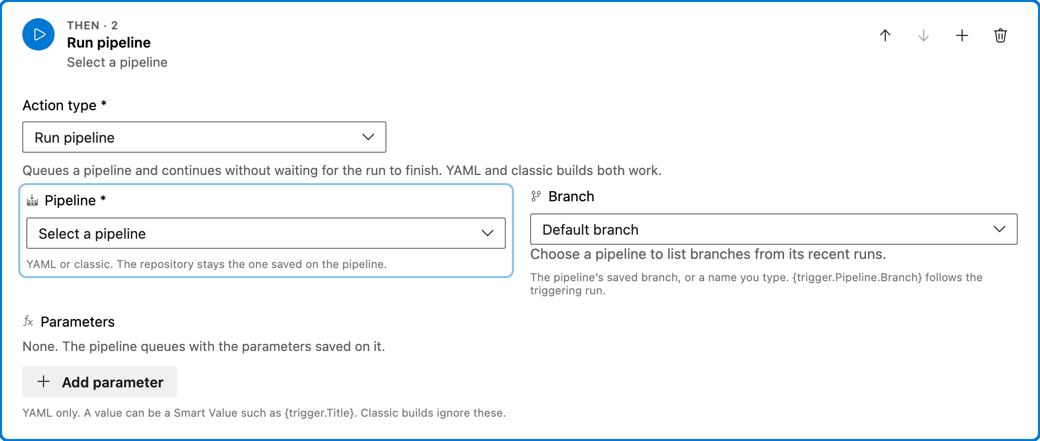 Queue a pipeline when a work item is completed action 1