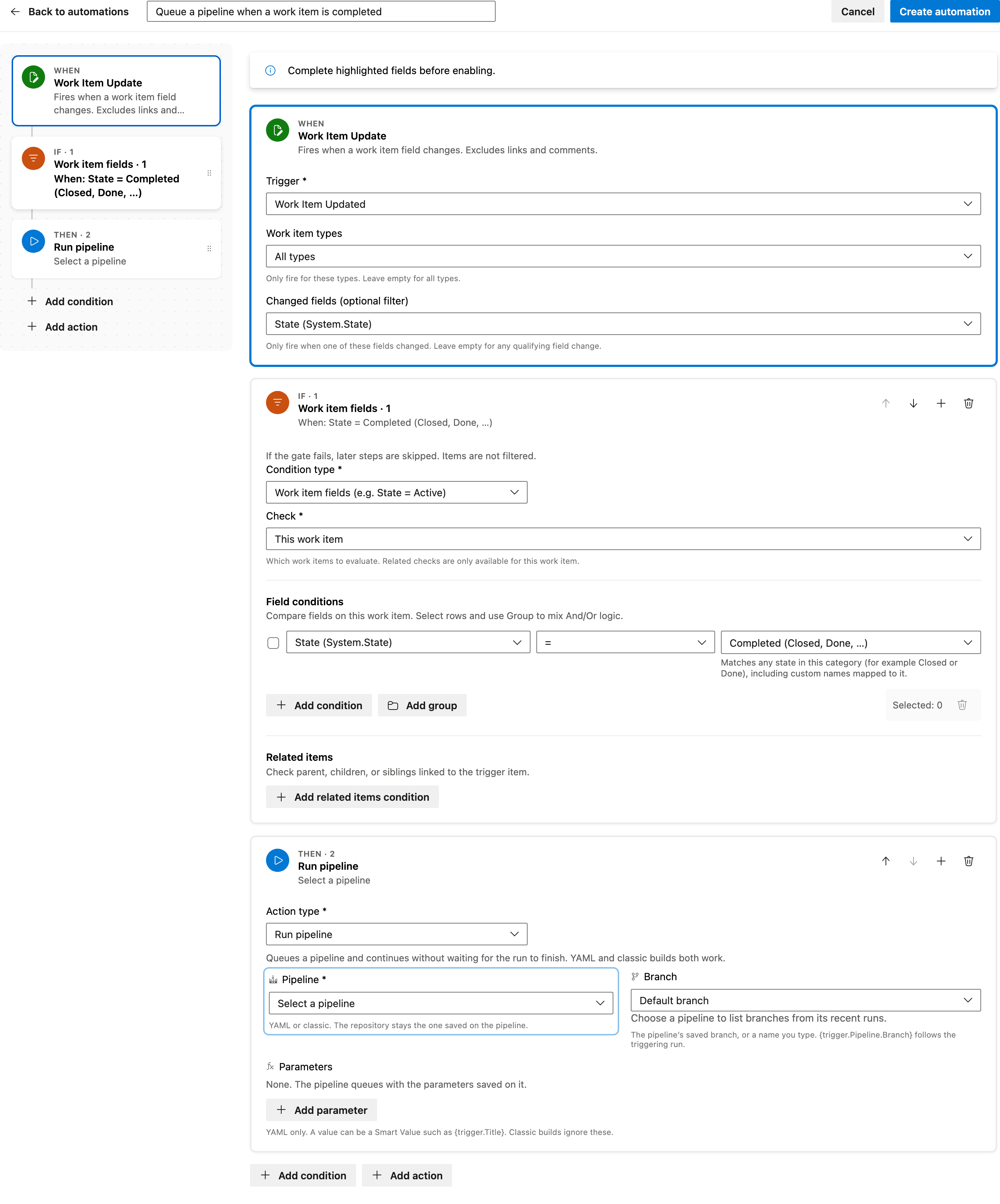 Queue a pipeline when a work item is completed full automation
