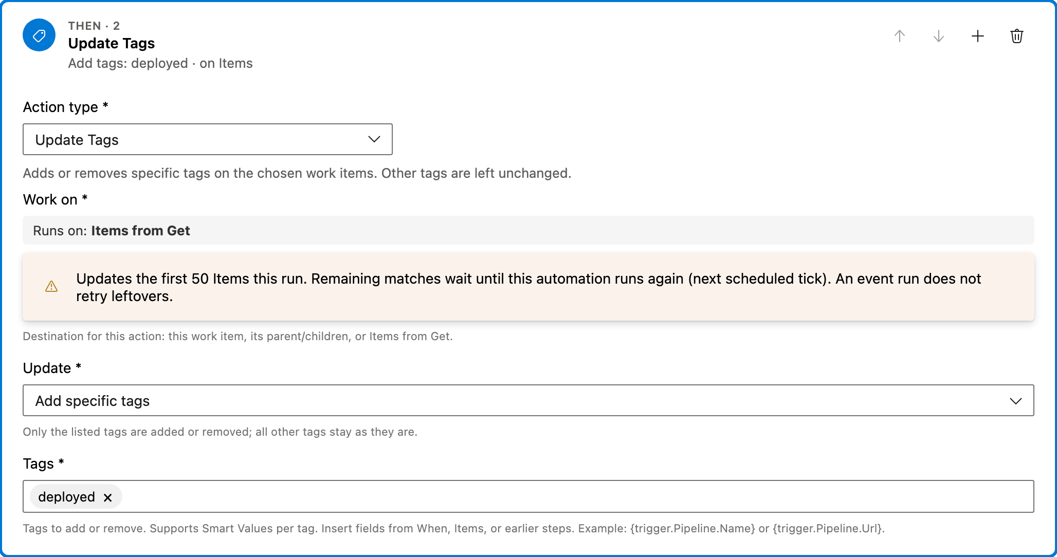 Tag related work items when a pipeline stage succeeds action 2
