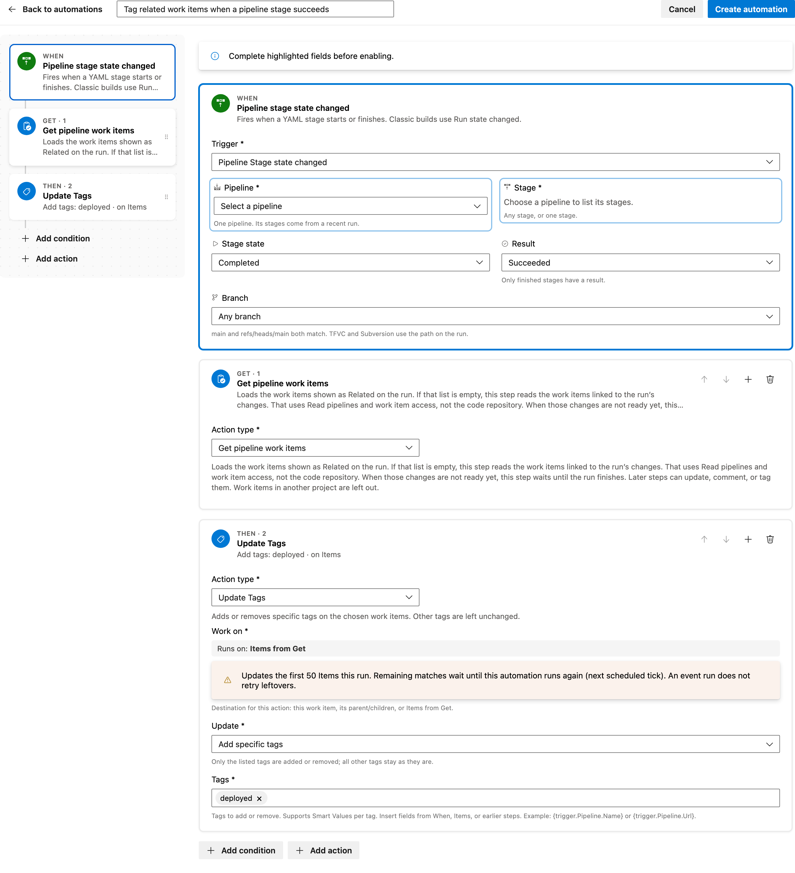 Tag related work items when a pipeline stage succeeds full automation