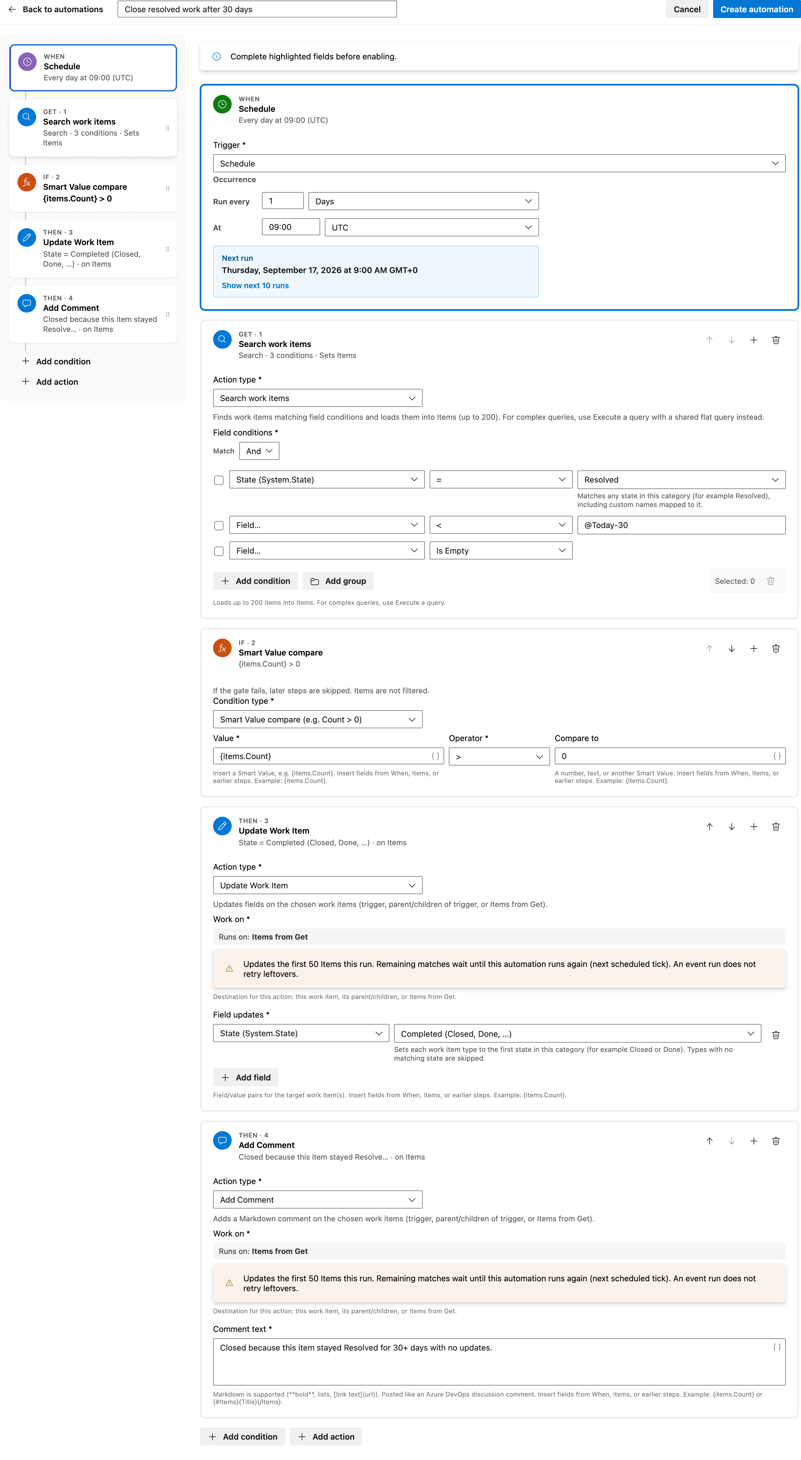 Close resolved work after 30 days full automation