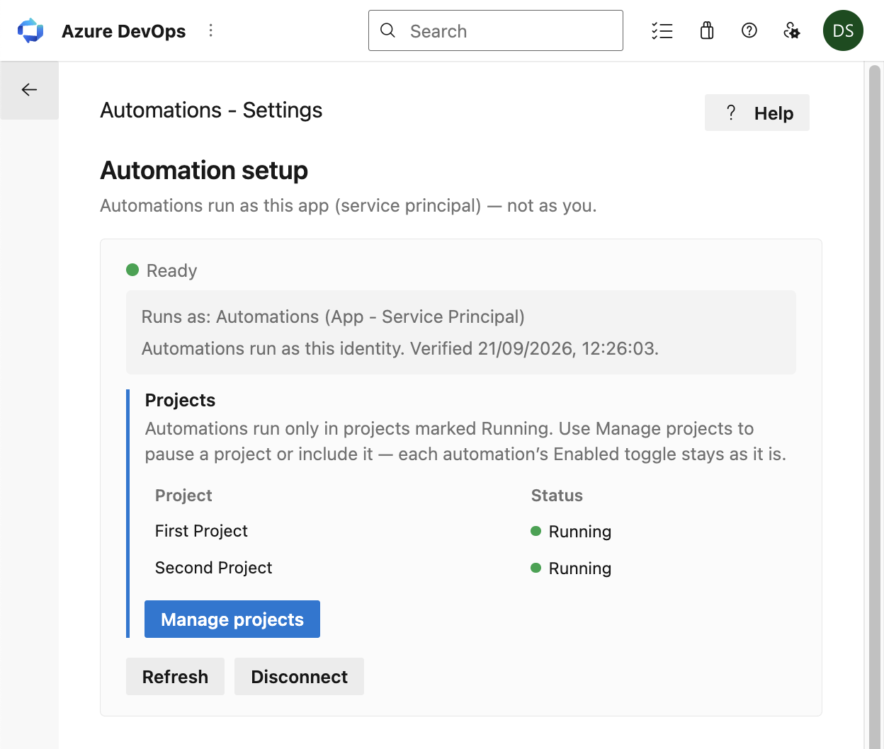 Ready status and enabled projects after a successful connection