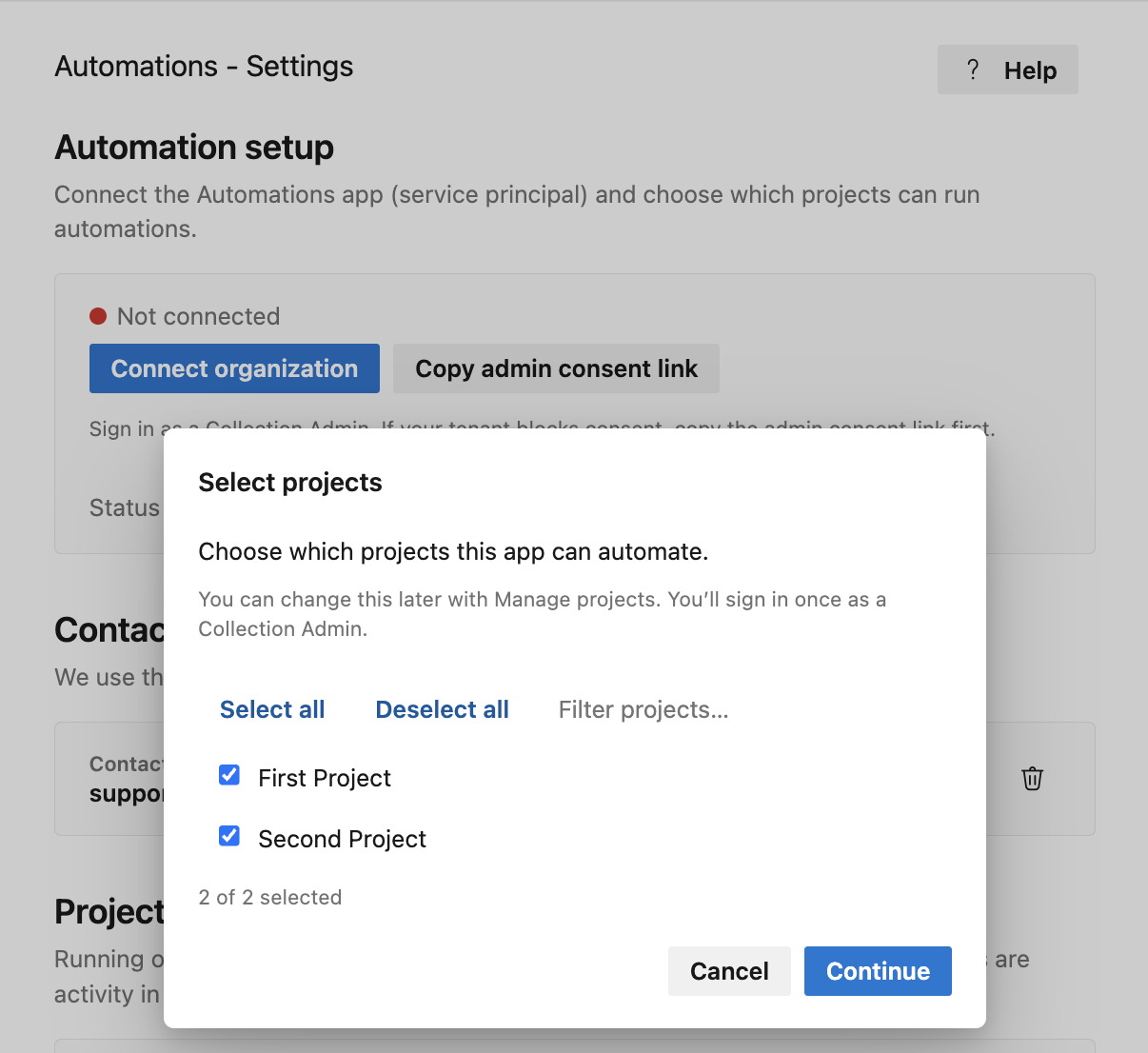 Select projects that the Automations app will be activated in