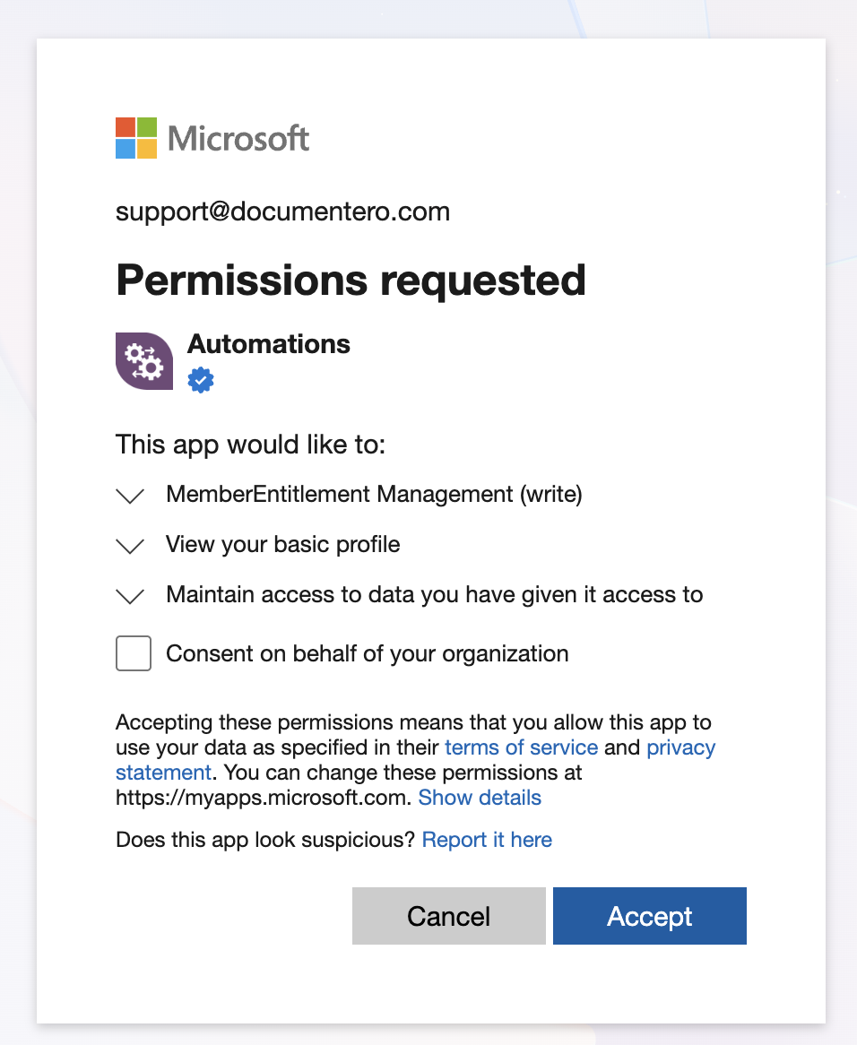 Microsoft Entra consent to add the Automations App