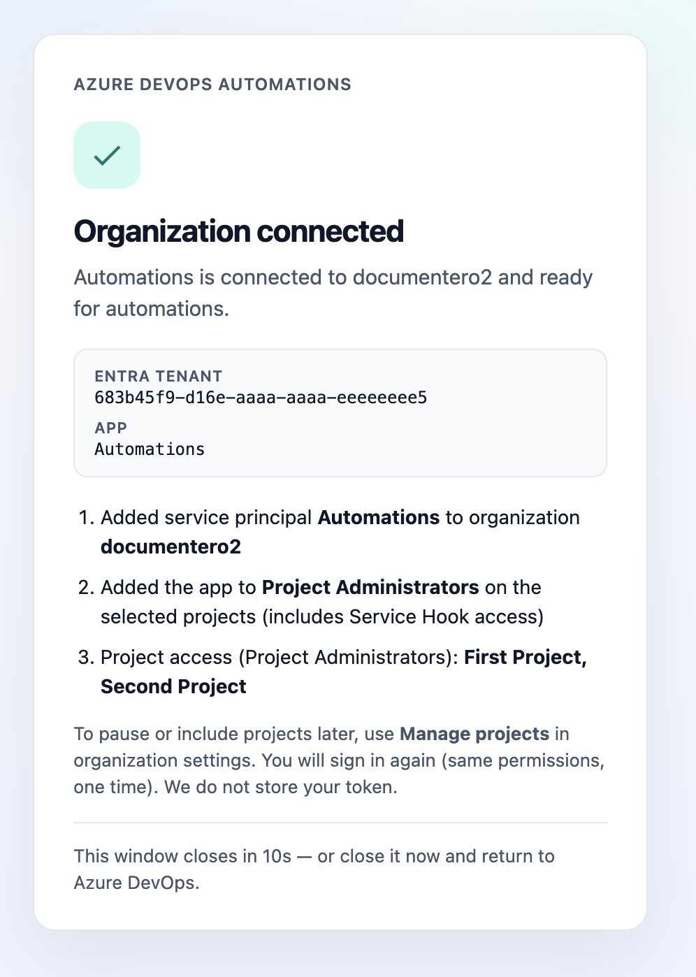 Confirmation after the Automations Entra app is added to the organization
