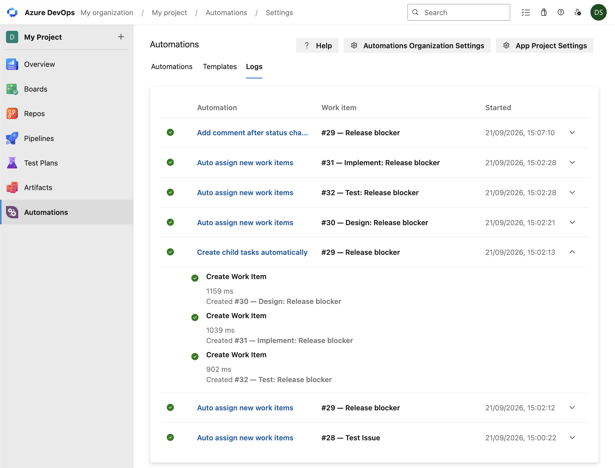 Logs tab showing automation executions in a project