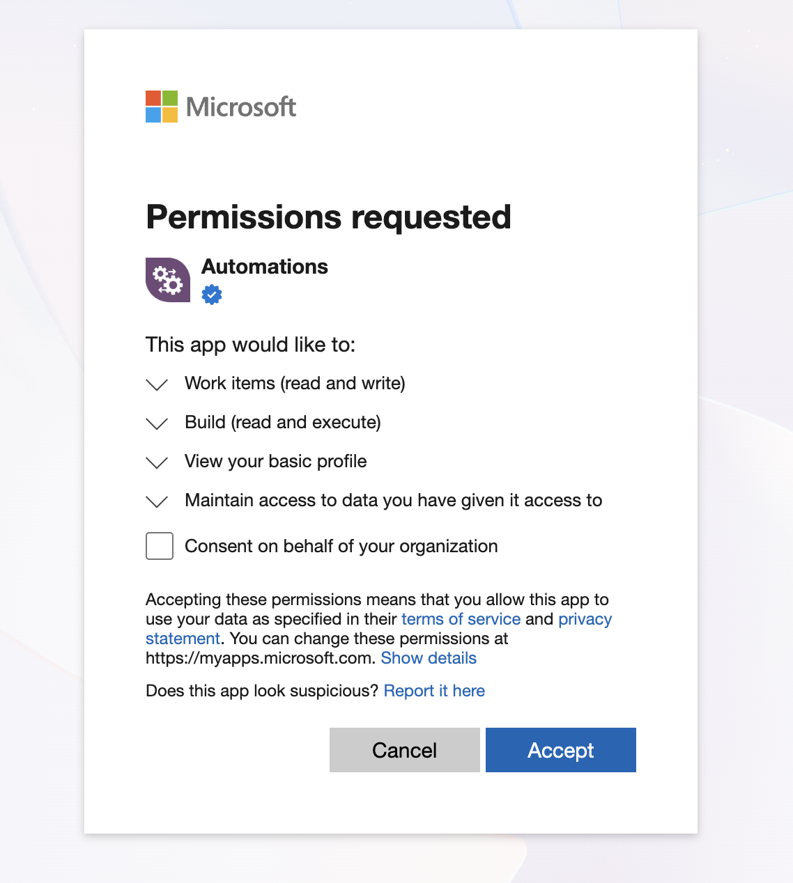 Microsoft sign-in consent for the access you selected