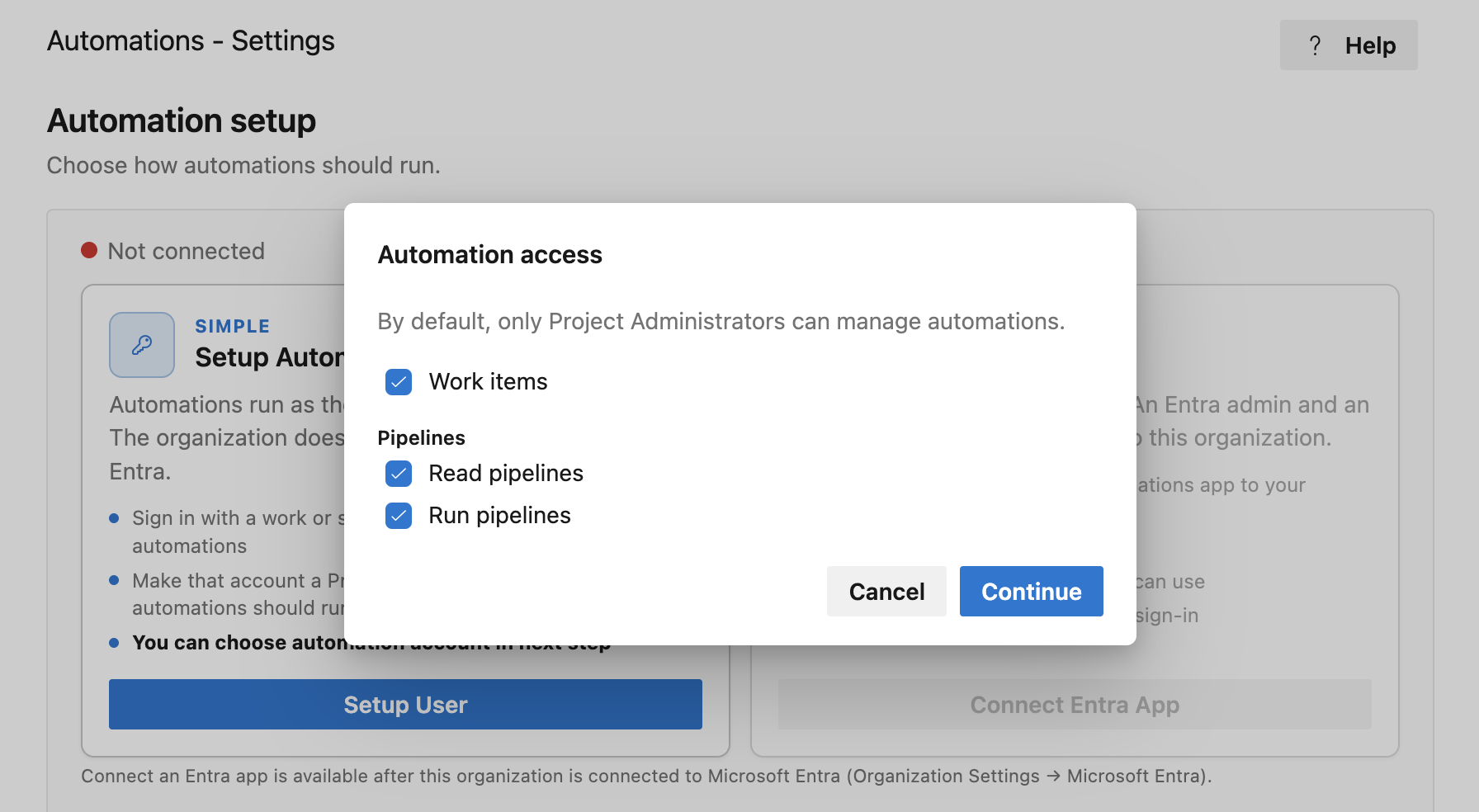 Choose Work items and pipeline access before signing in