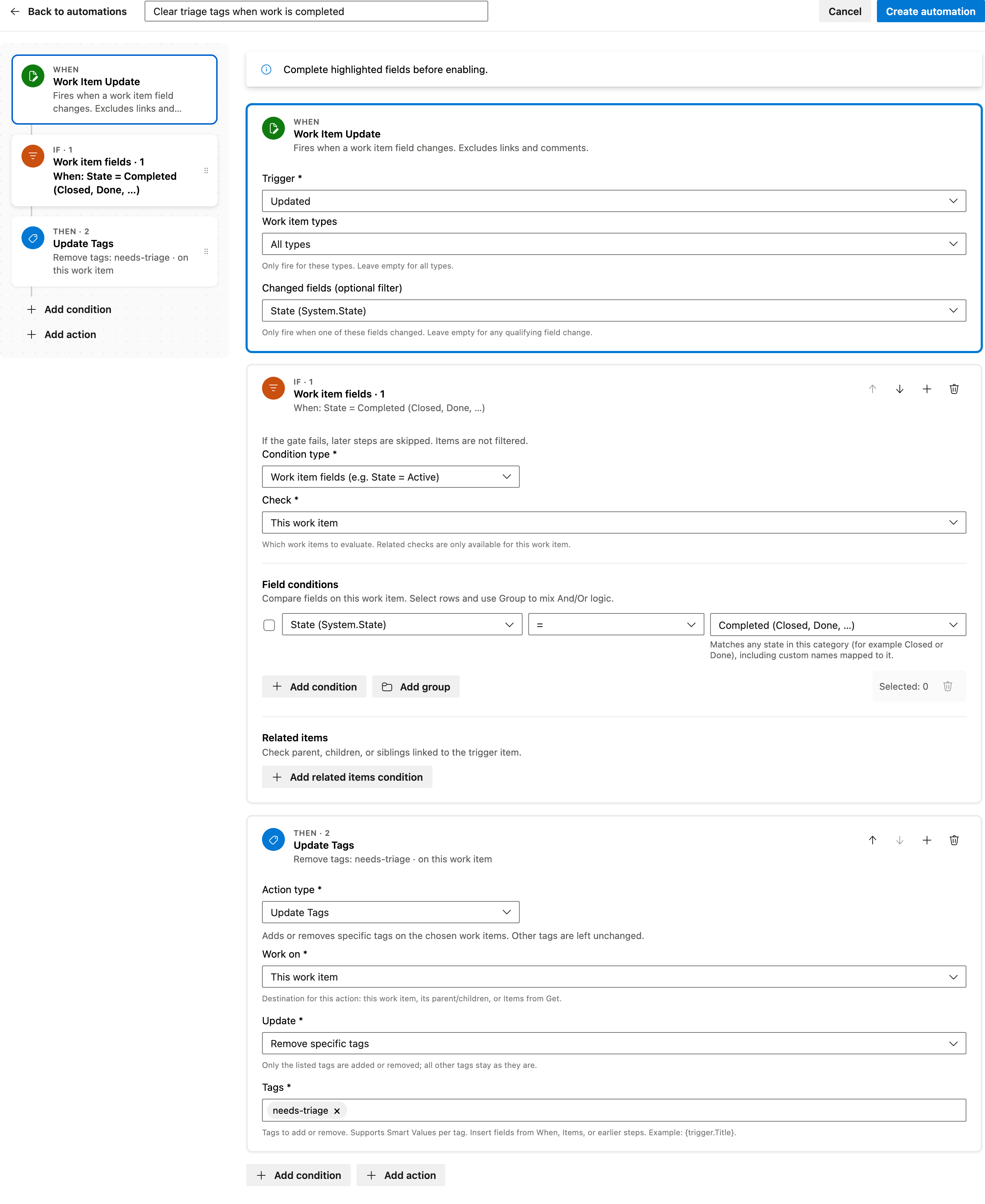 Clear triage tags when work is completed full automation