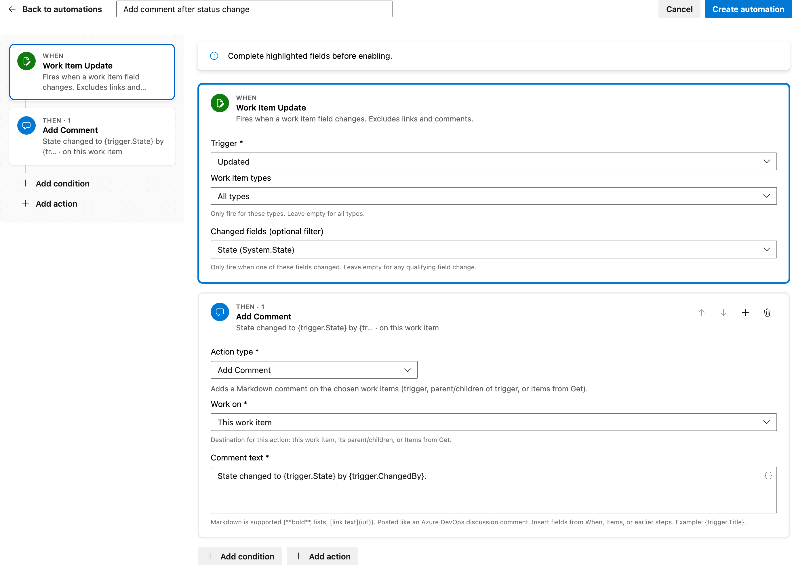 Add comment after status change full automation