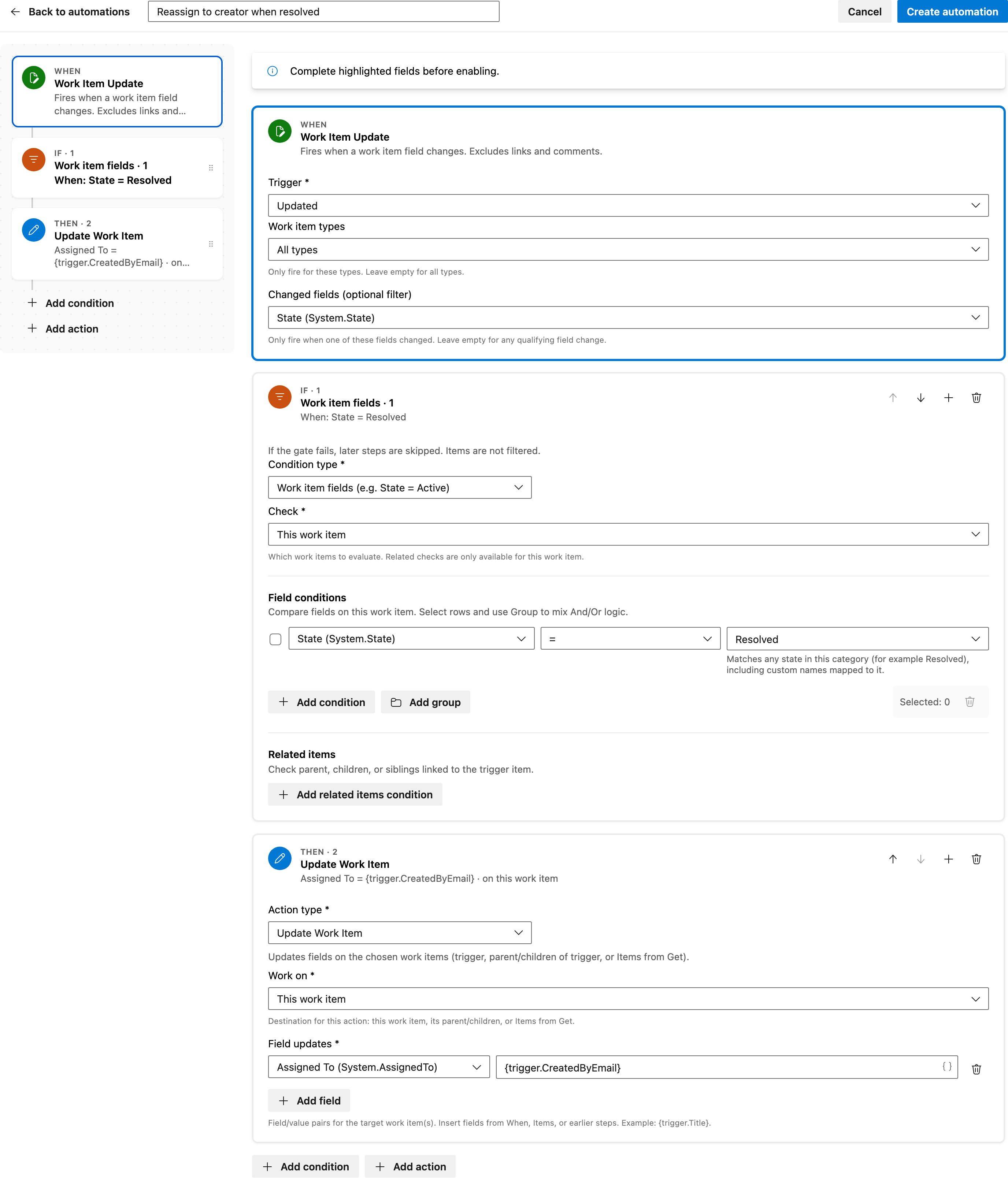 Reassign to creator when resolved full automation