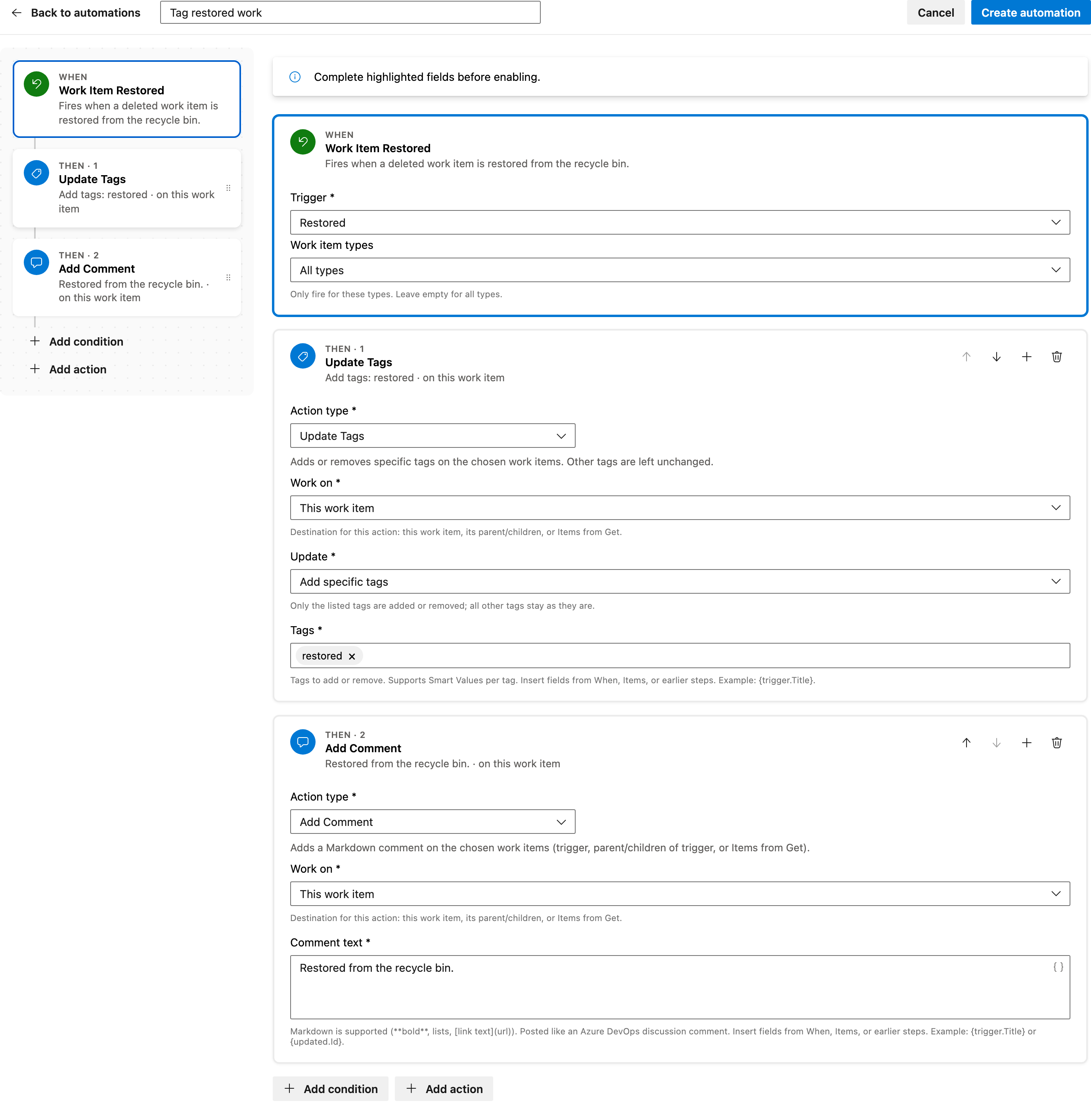 Tag restored work full automation