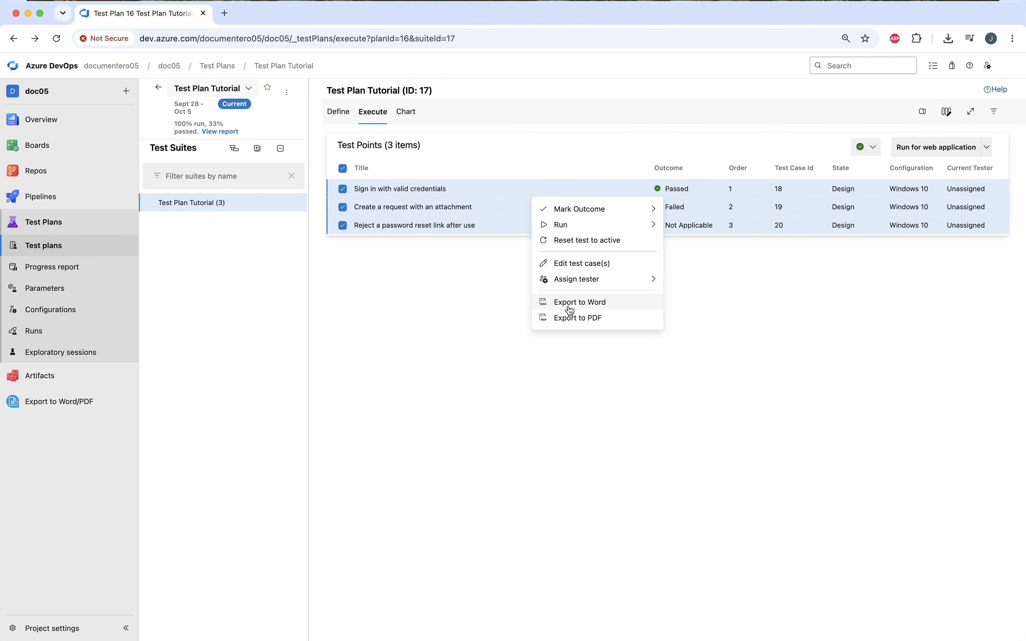 Select test points and open Export to Word or PDF