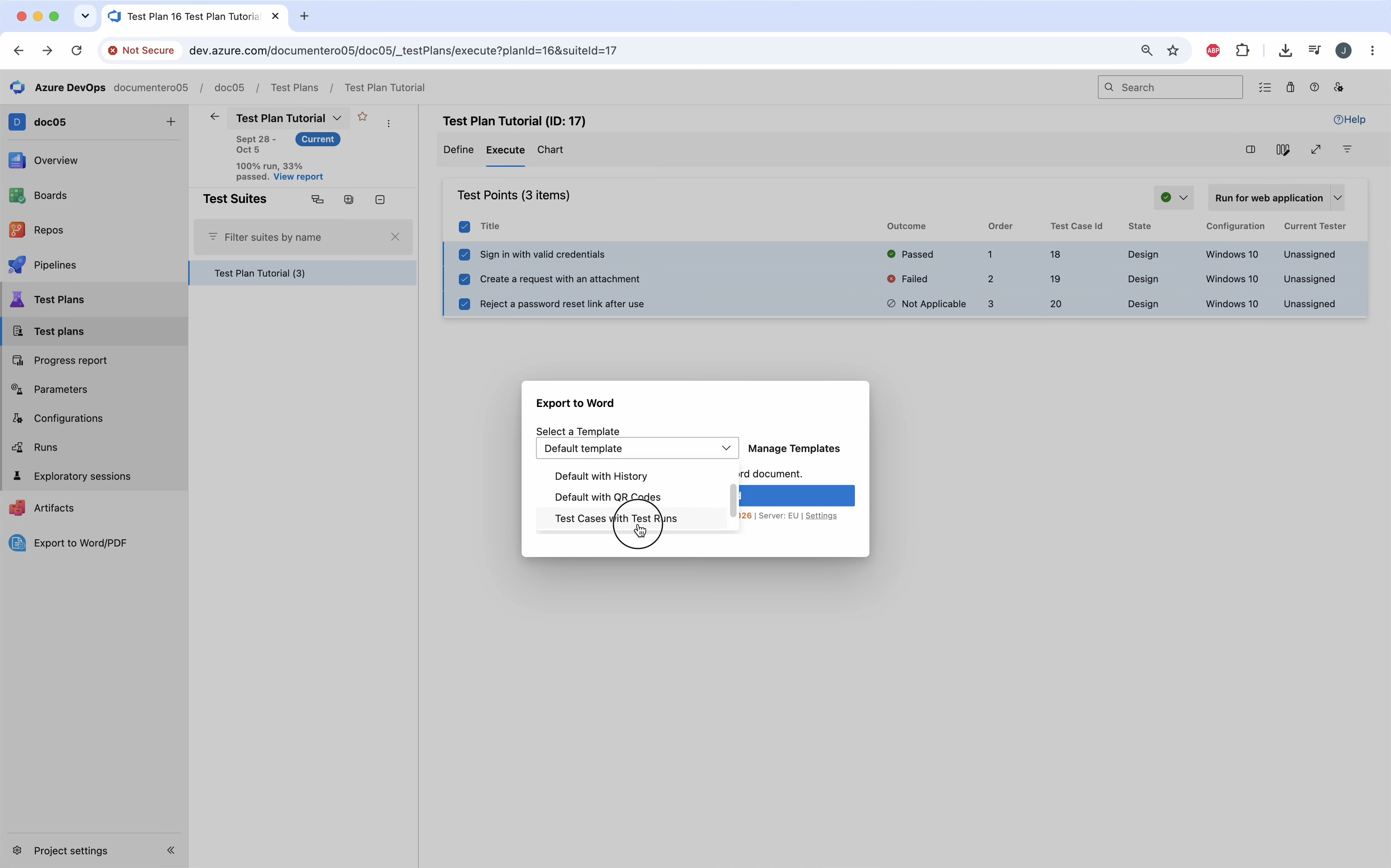 Select a test case template and export