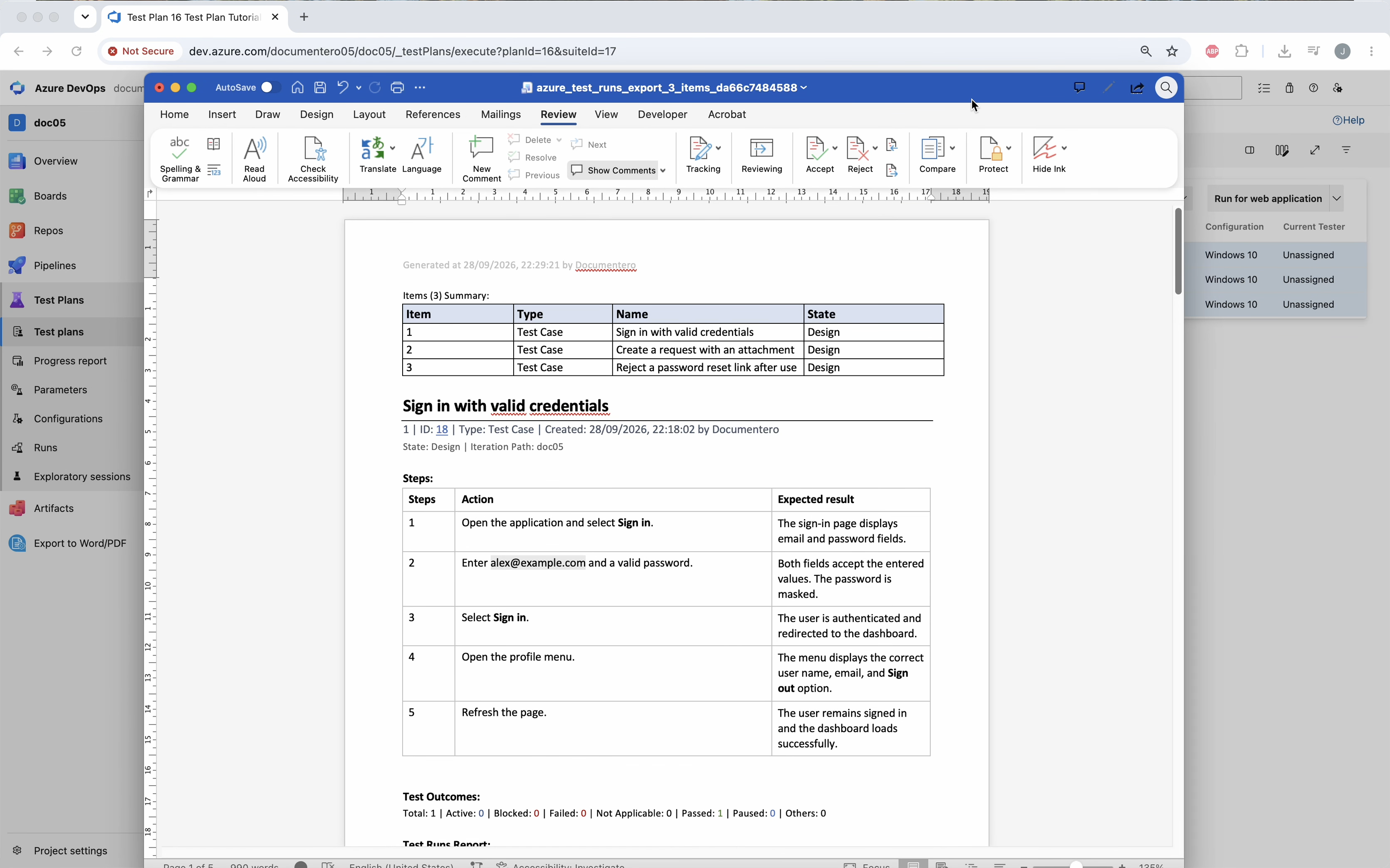 Exported test cases with steps and outcomes
