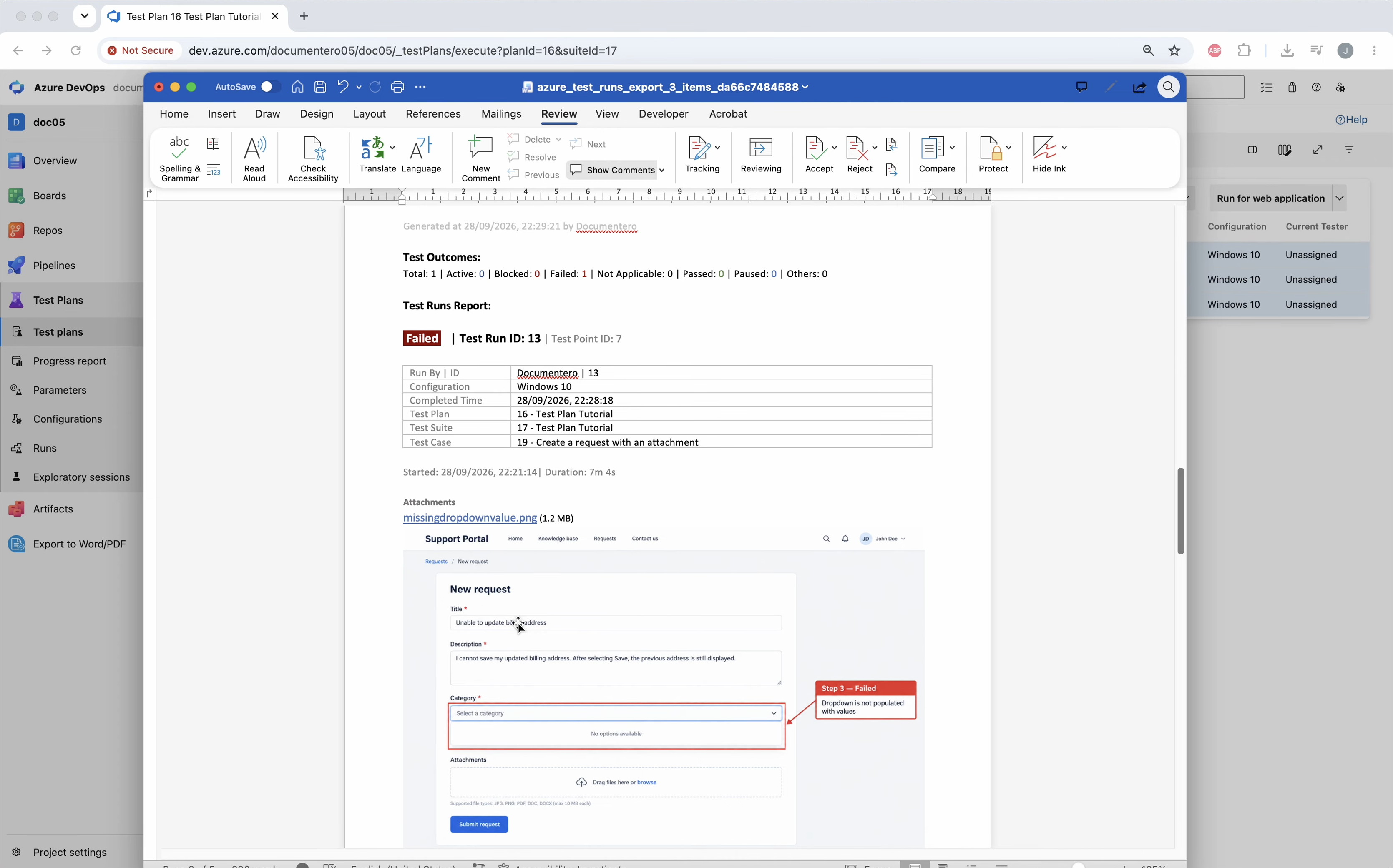 Exported test runs report in Word