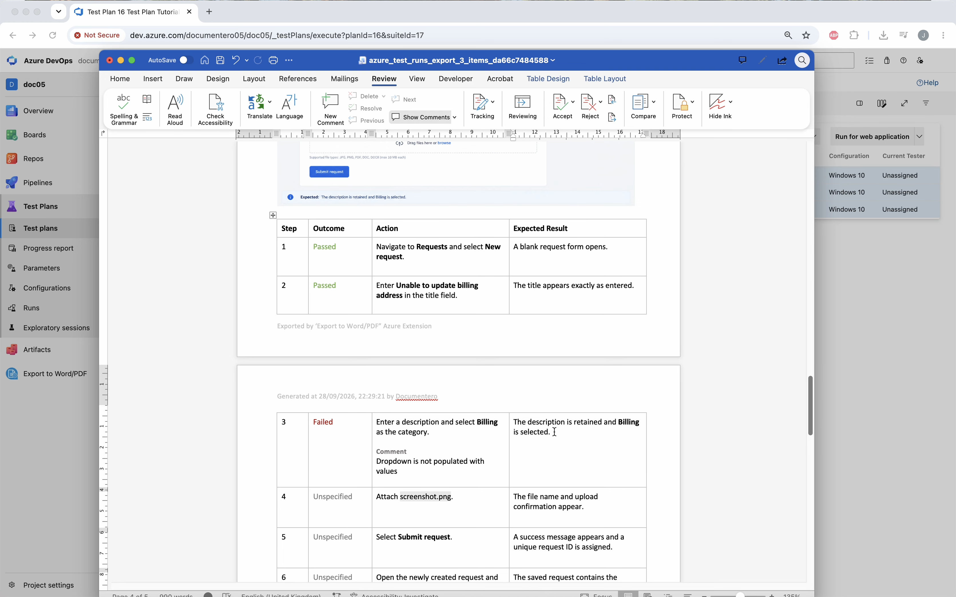 Step-by-step test run details in the exported document