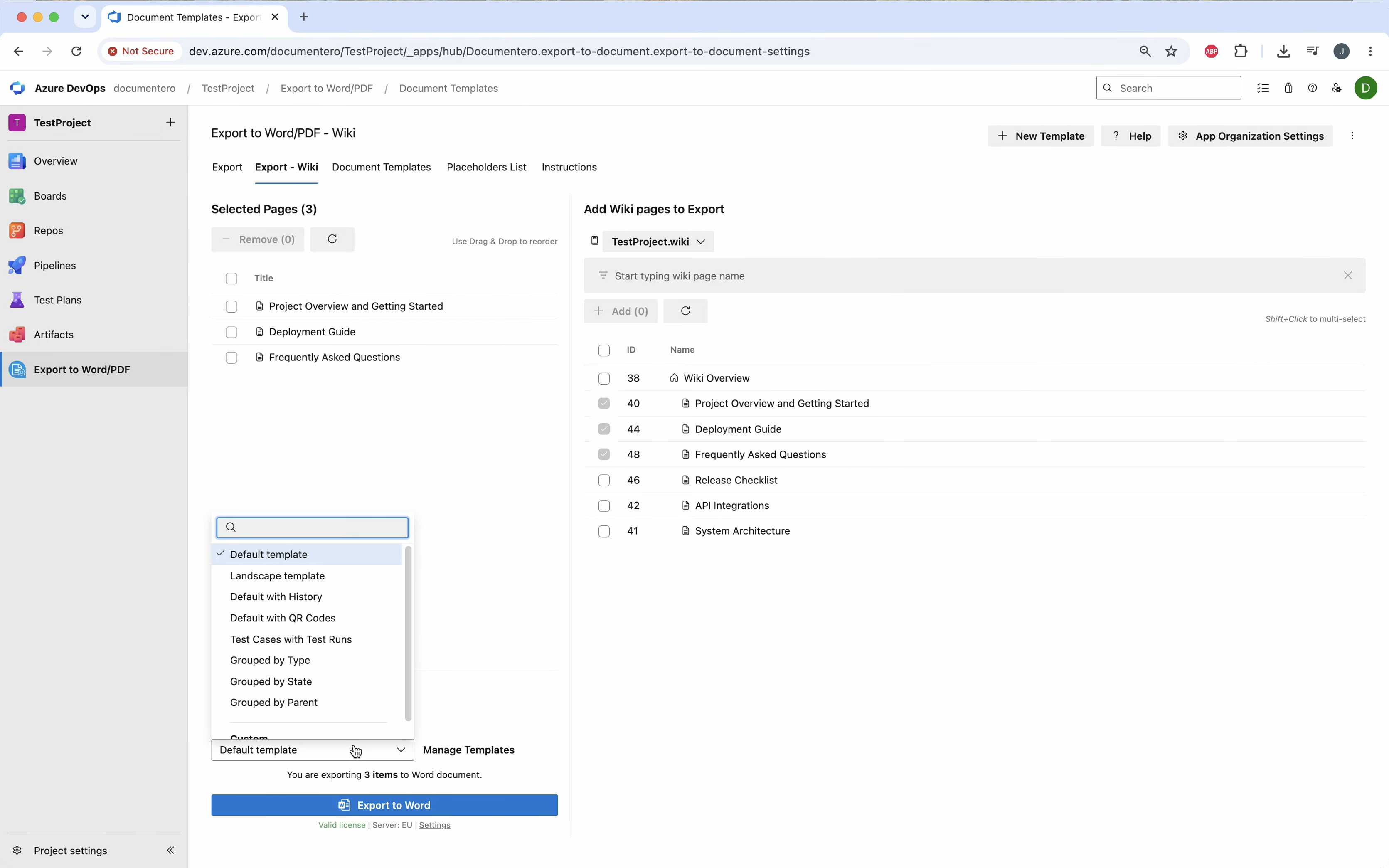 Select Azure DevOps wiki pages to export