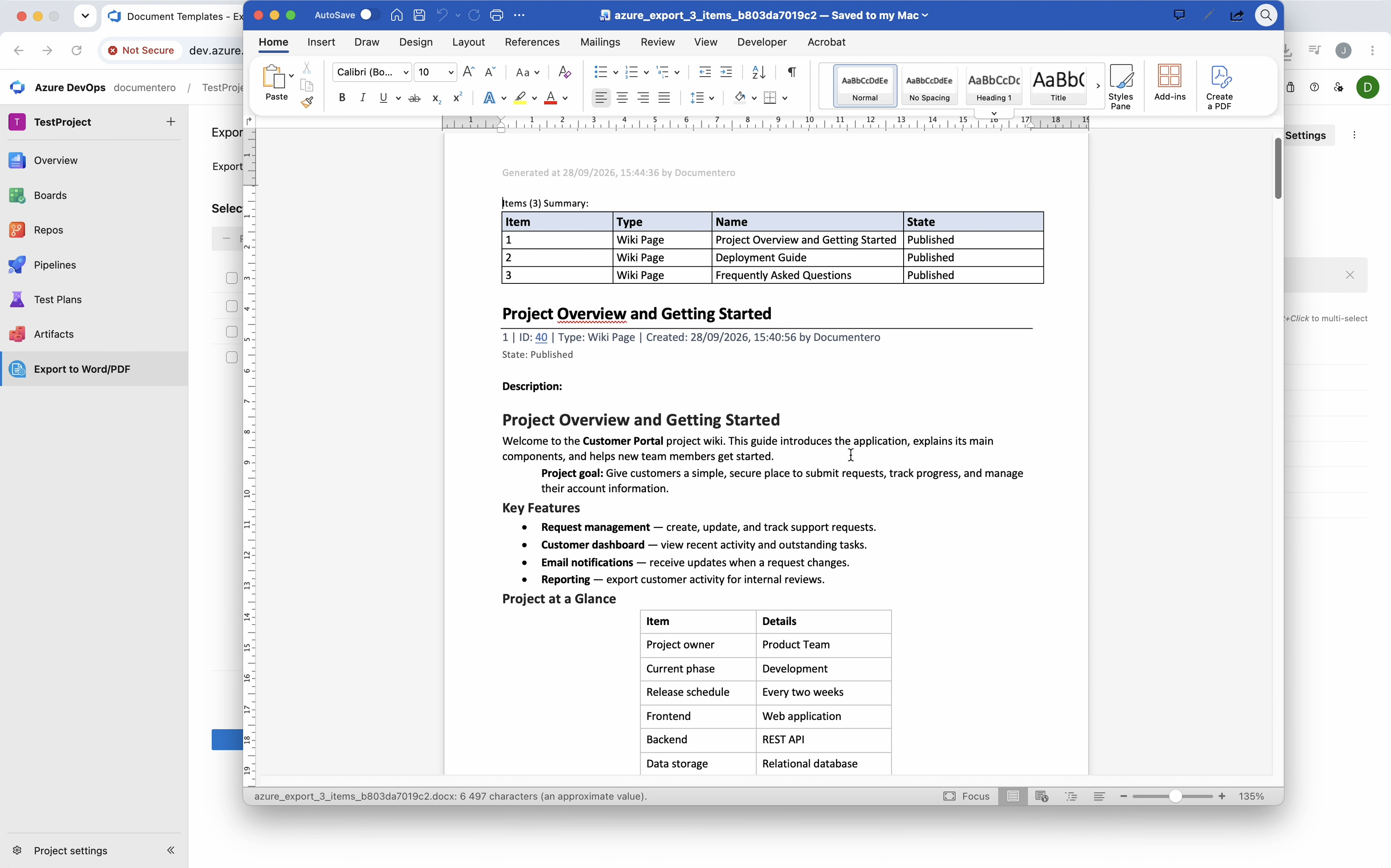 Choose Word or PDF and export Azure DevOps wiki pages