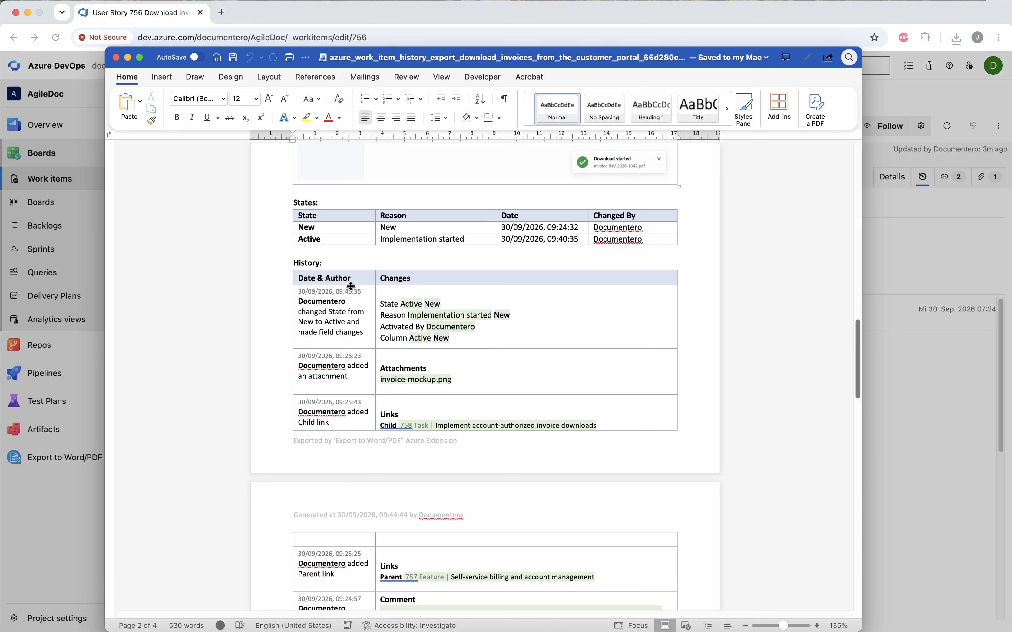 Word document with exported work item history