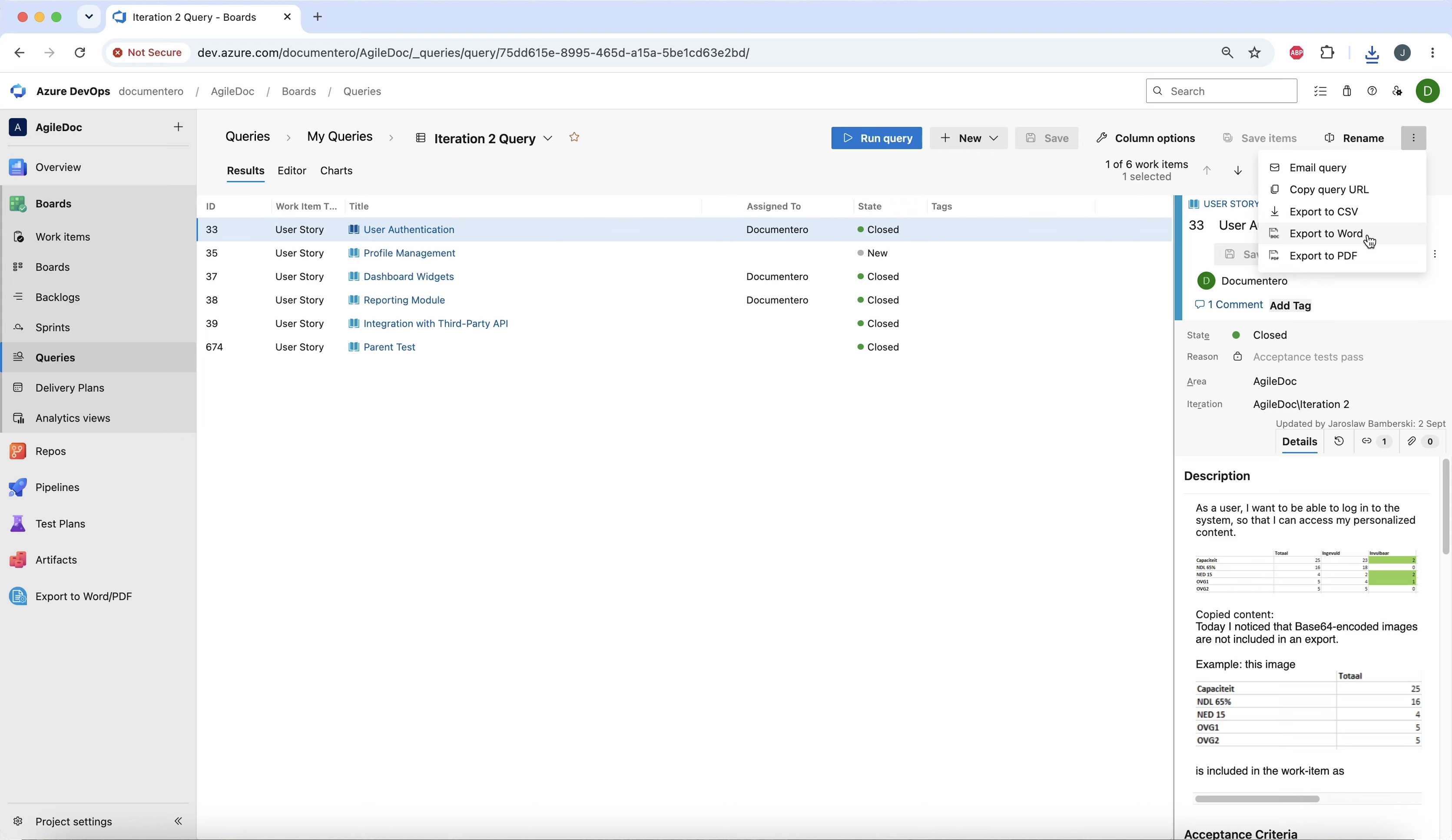 Export Azure DevOps query results to Word or PDF