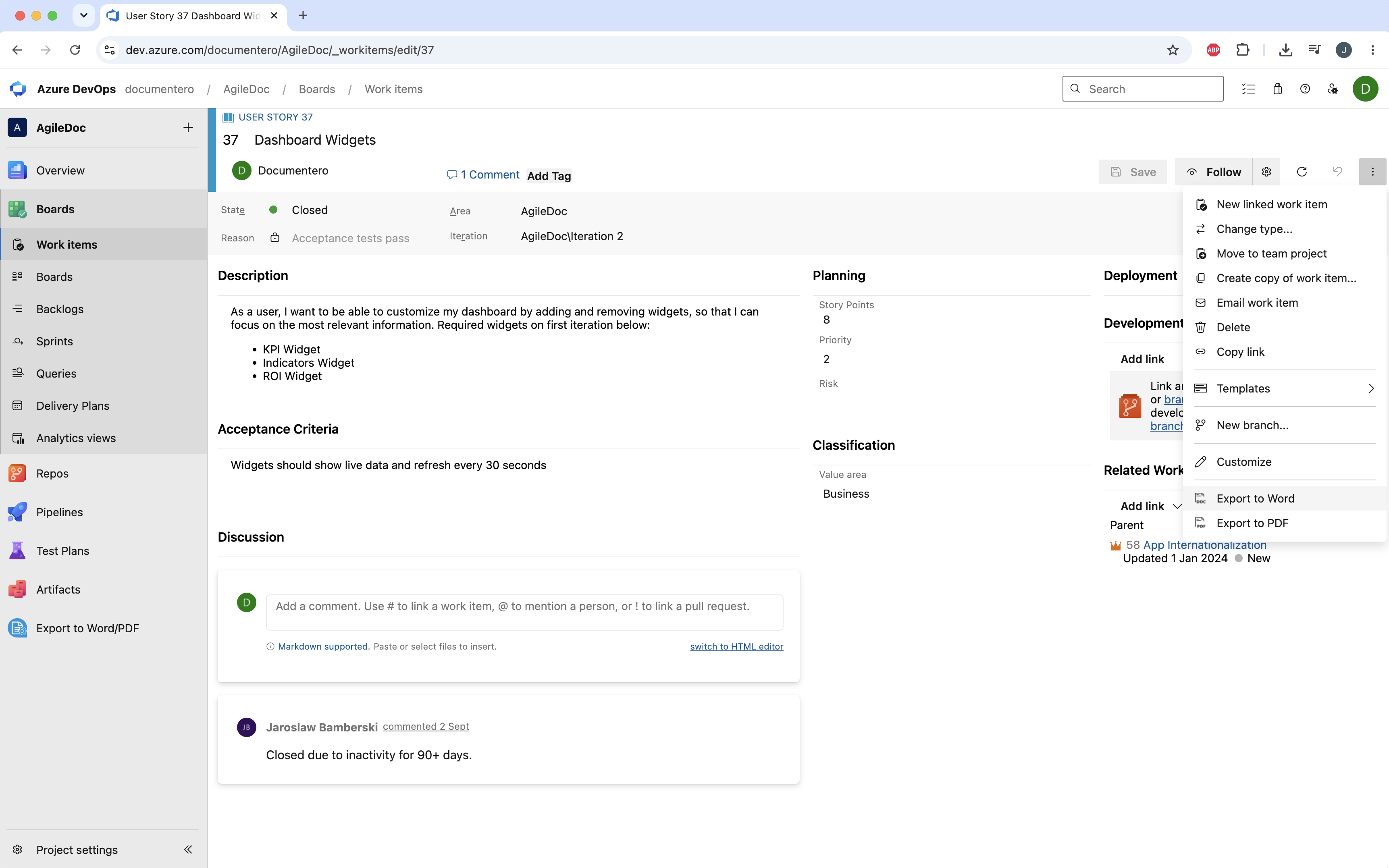 Export one Azure DevOps work item to Word or PDF