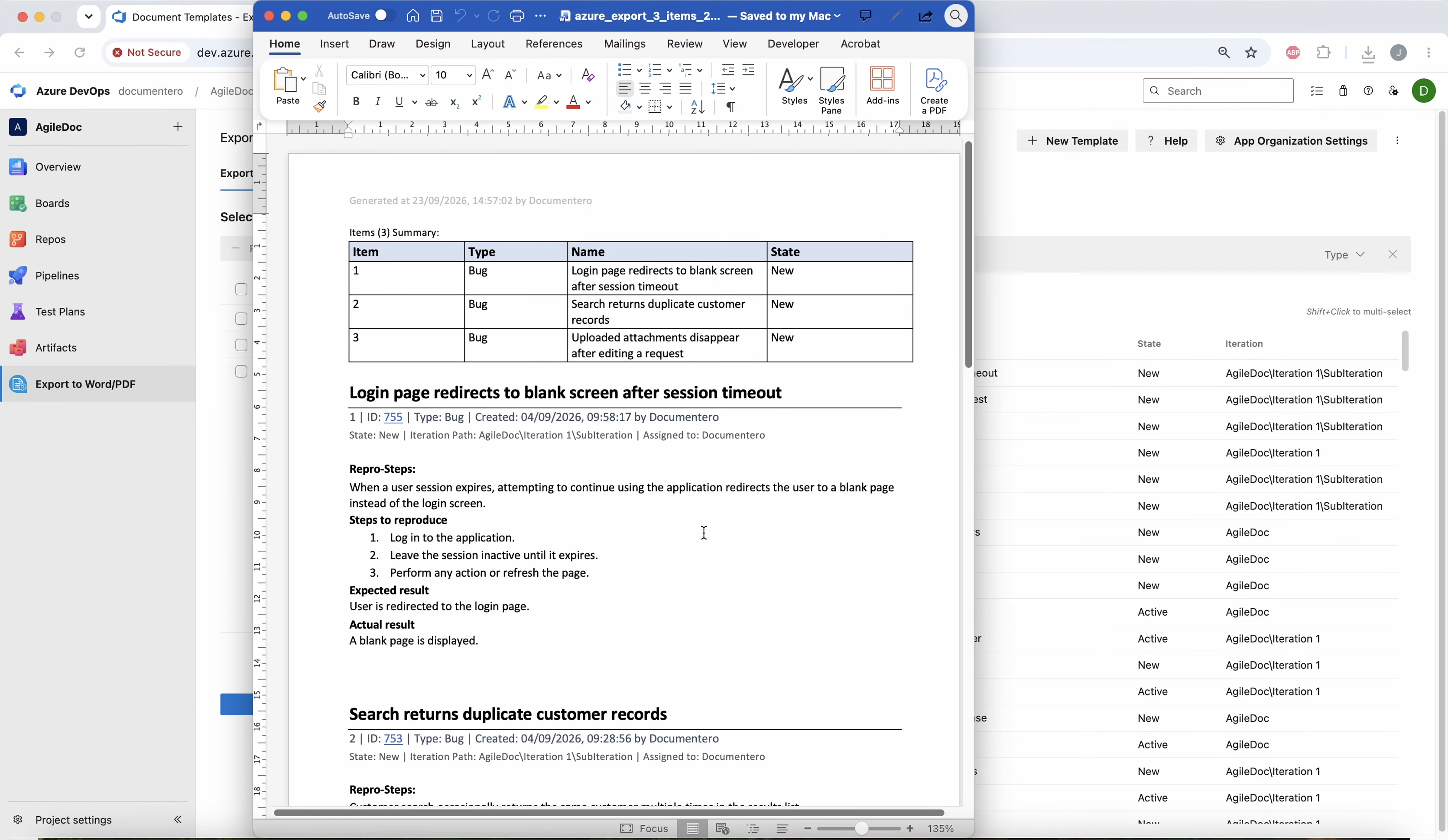 Exported Azure DevOps work items in a Word document