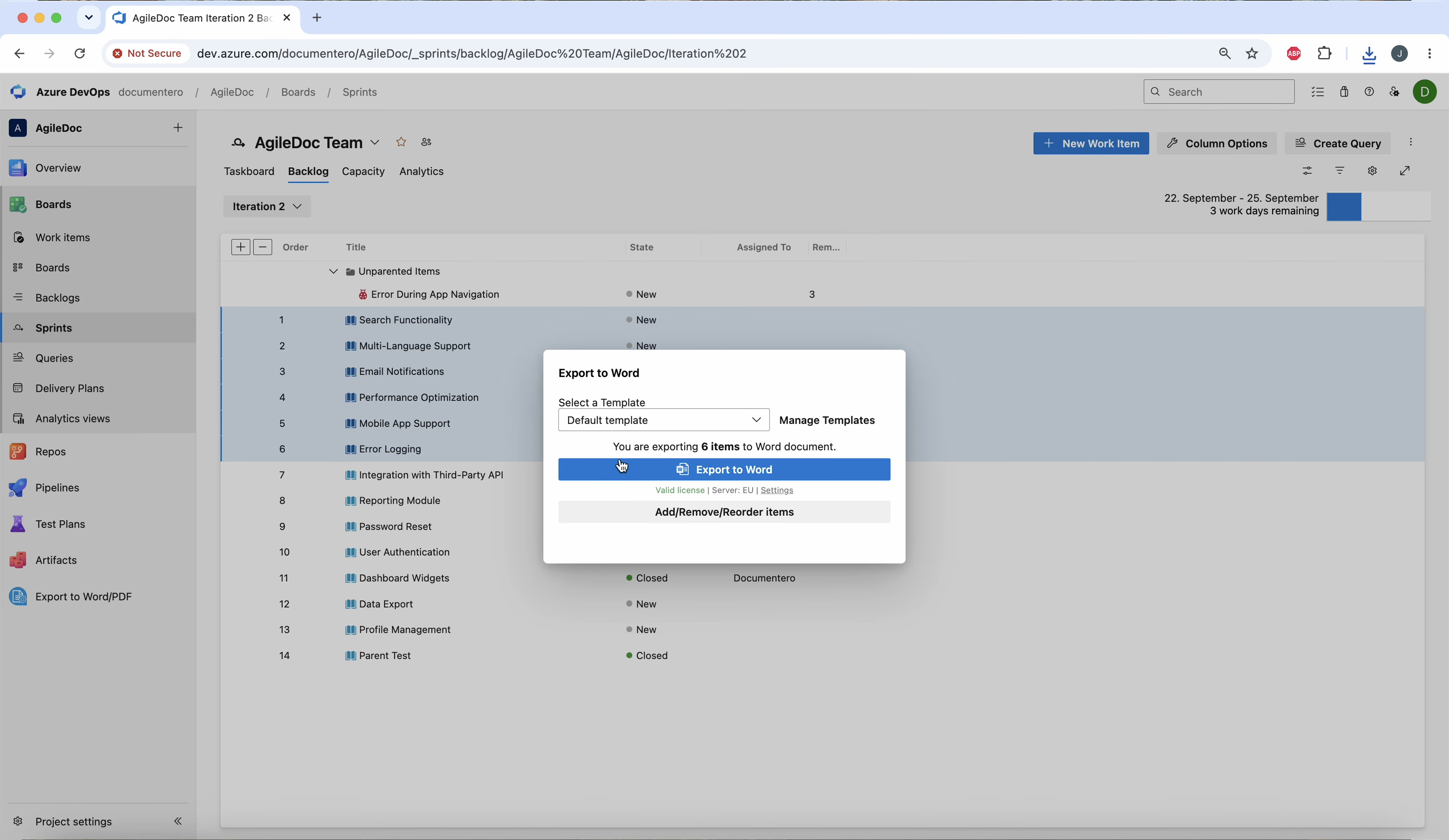 Choose a Word template and export the selected work items